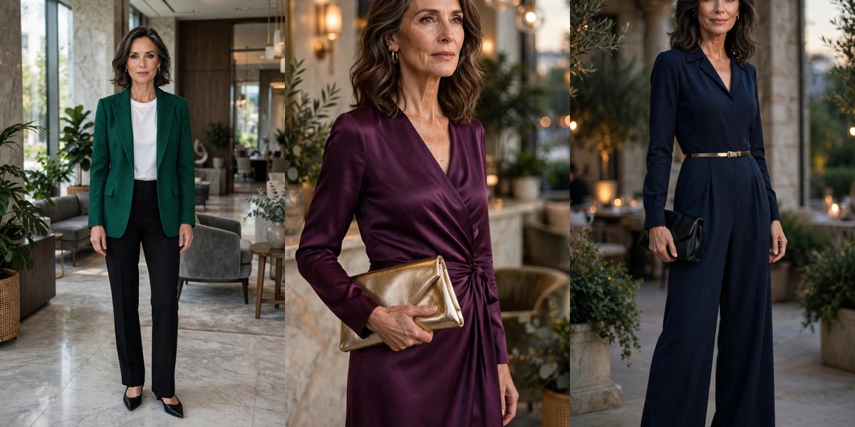 Conference outfits for women over 50: emerald blazer, plum evening dress and navy jumpsuit looks