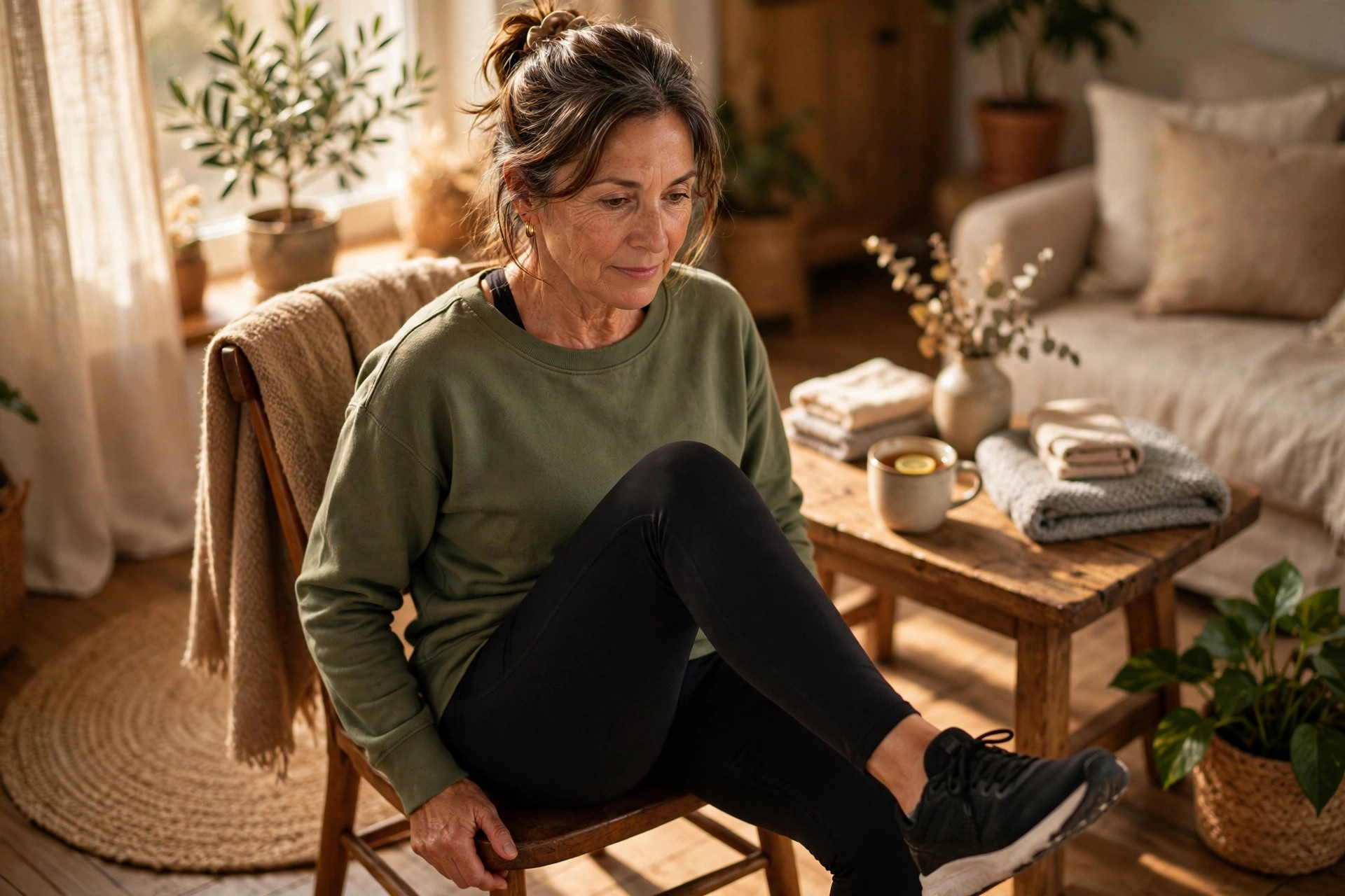 Woman in her 50s doing seated knee lifts