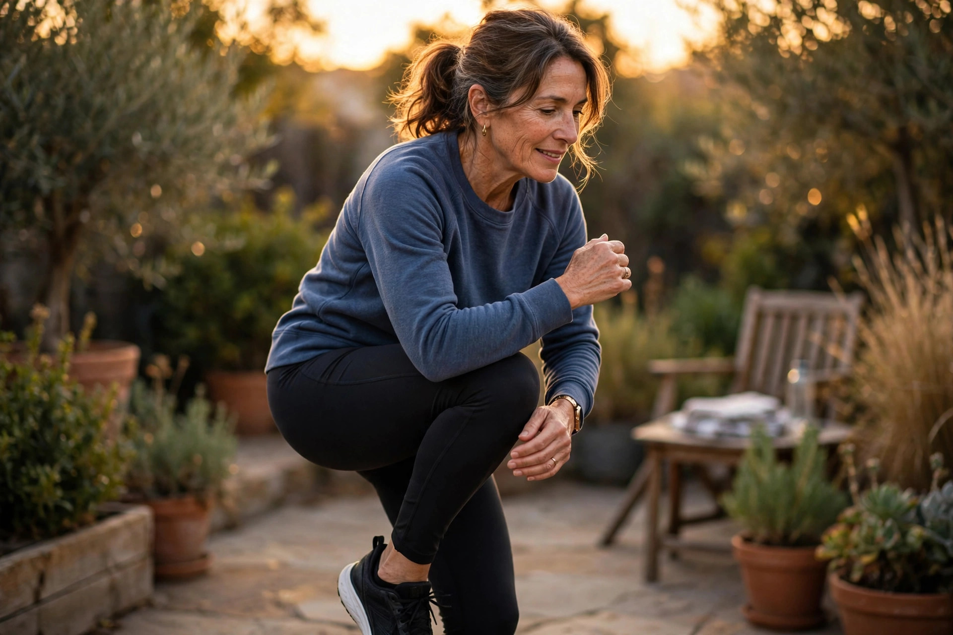 Woman in her 50s doing standing knee-to-elbow