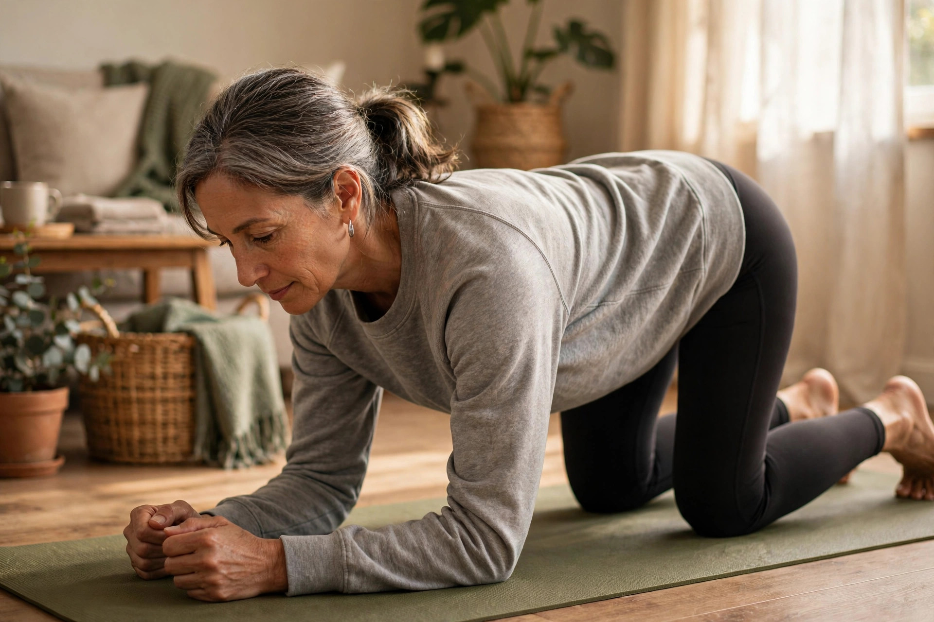 Woman in her 50s doing kneeling plank