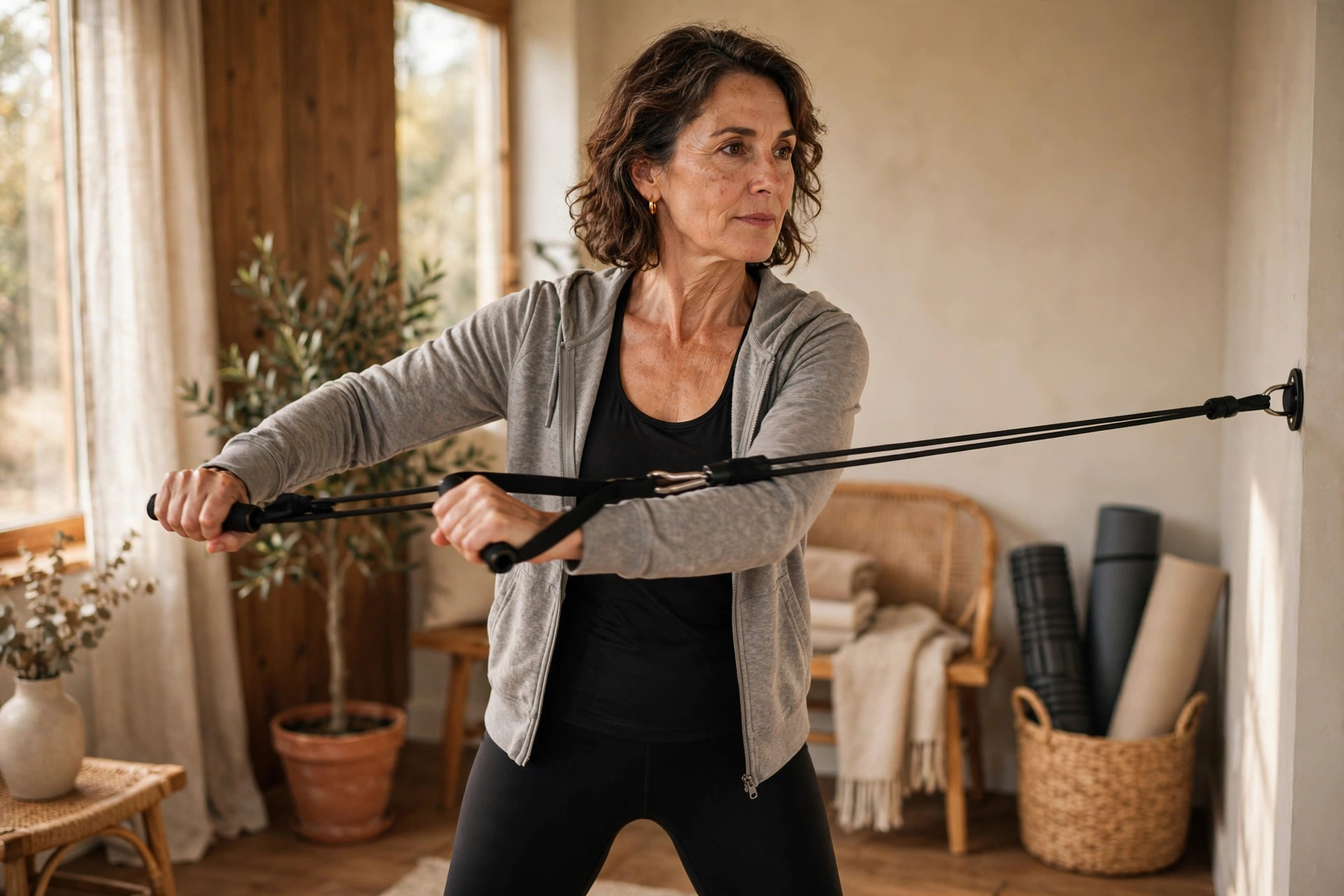 Woman in her 50s doing standing band rotations