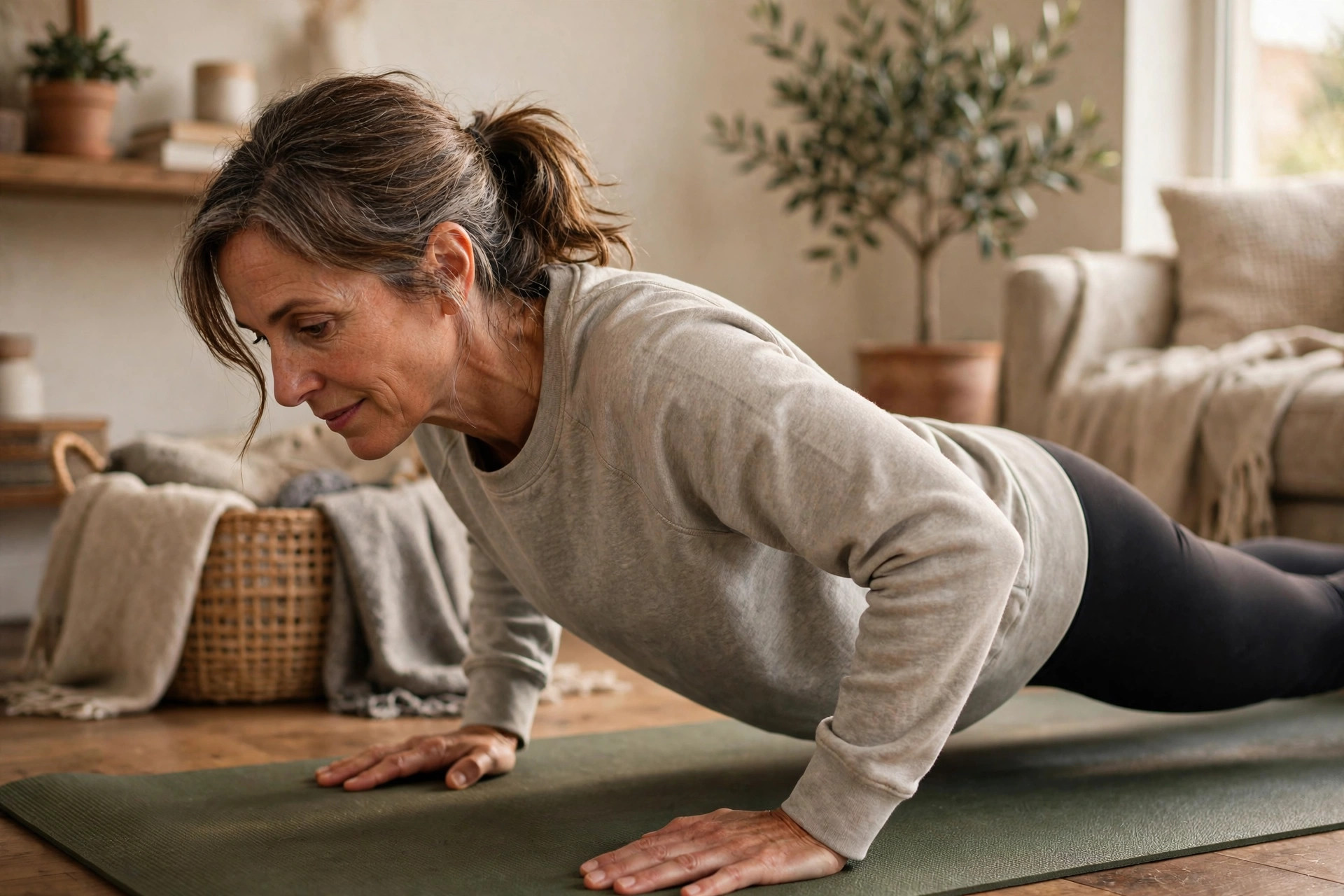 Woman in her 50s doing prone press-up