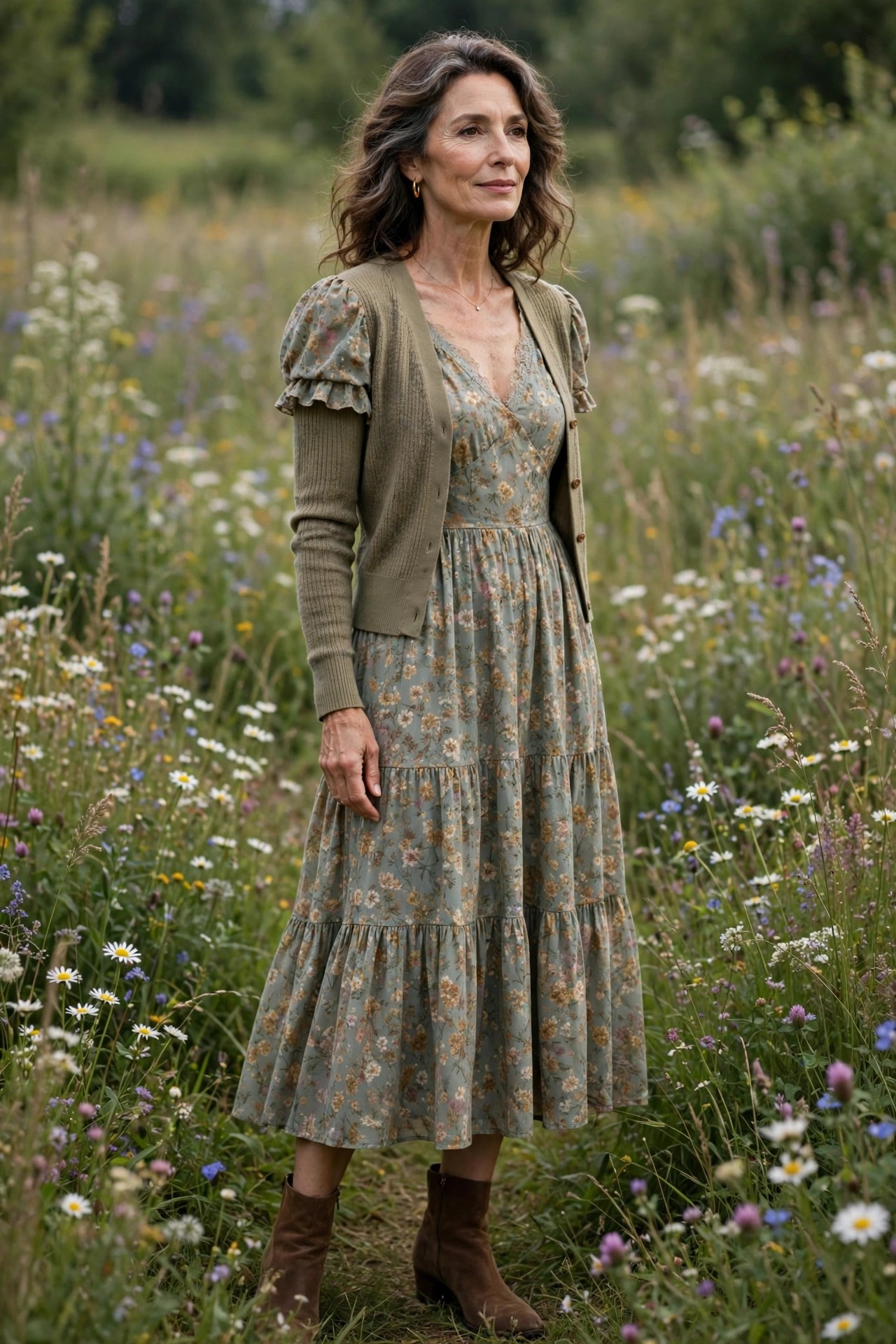 Woman in her 50s wearing a muted floral prairie midi dress with a cardigan