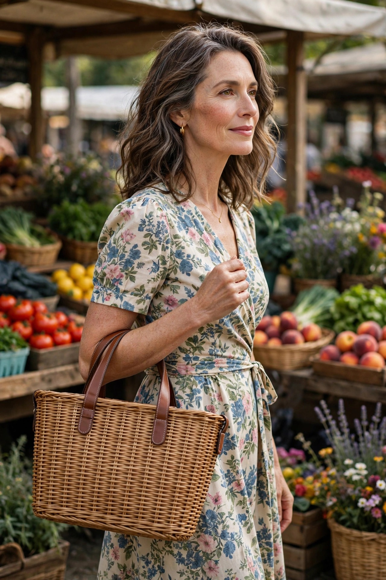 Woman in her 50s in a floral tea dress carrying a wicker basket tote