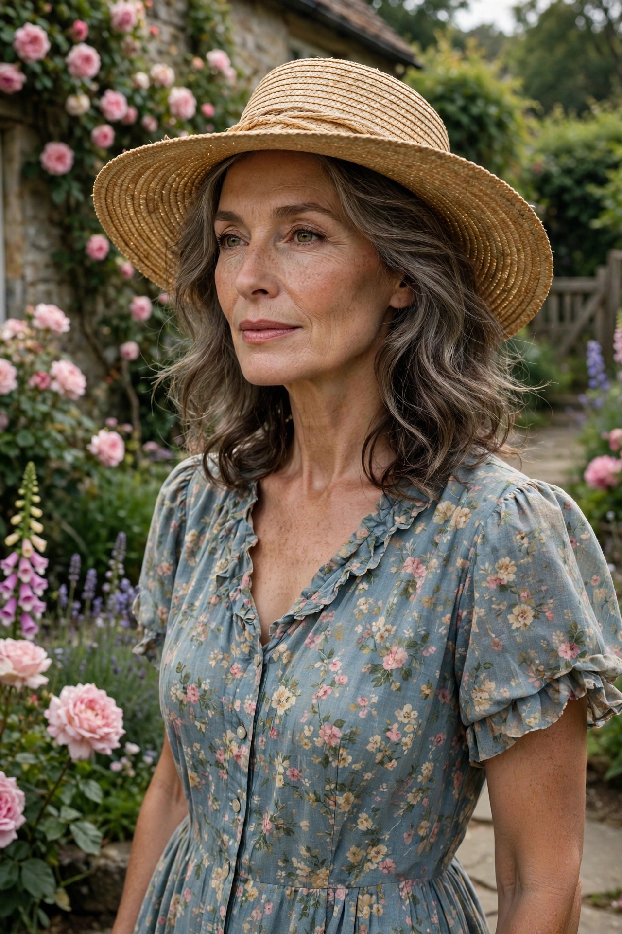 Woman in her 50s wearing a faded ditsy floral tea dress with a straw hat