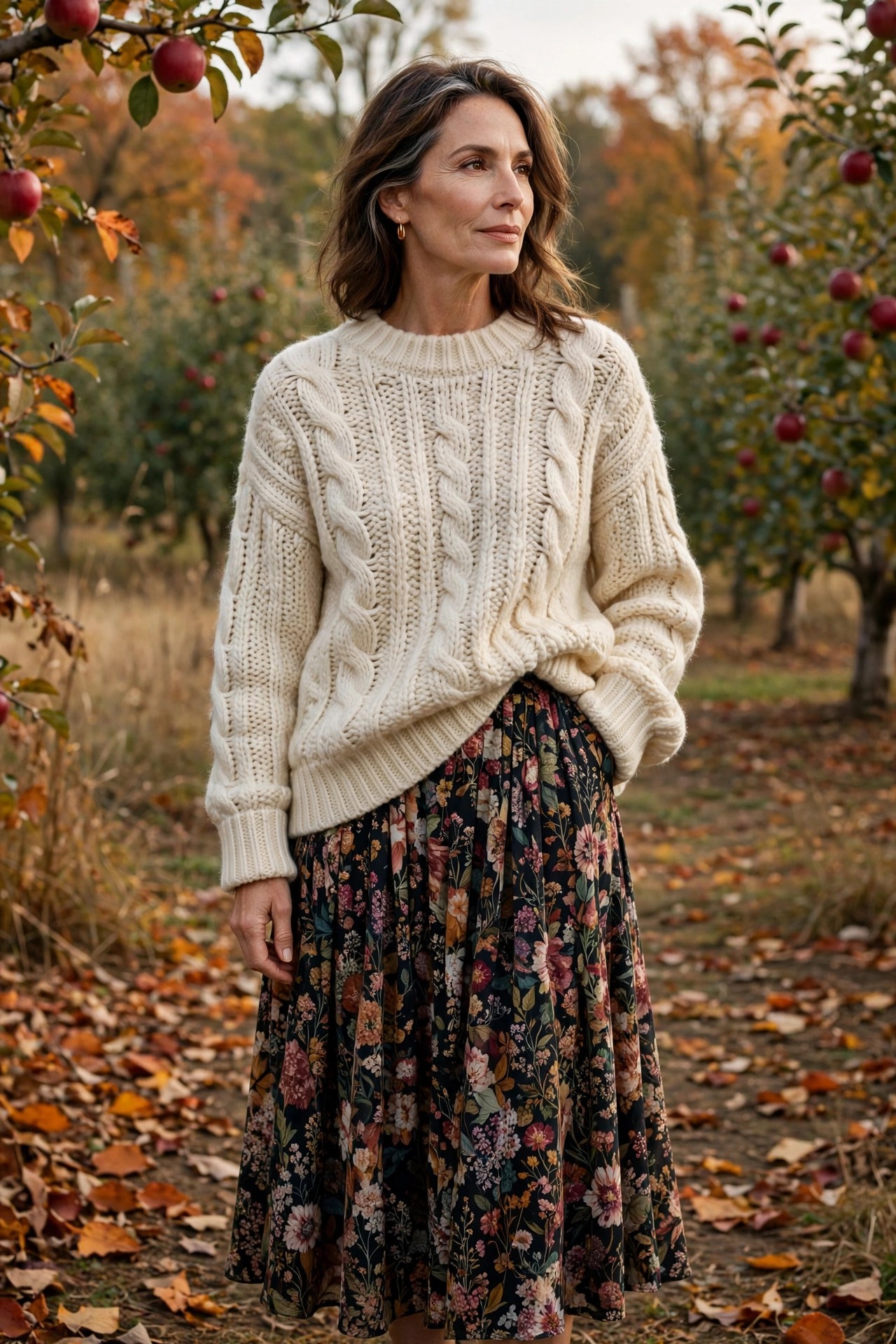 Woman in her 50s in a chunky cream knit sweater with a floral midi skirt