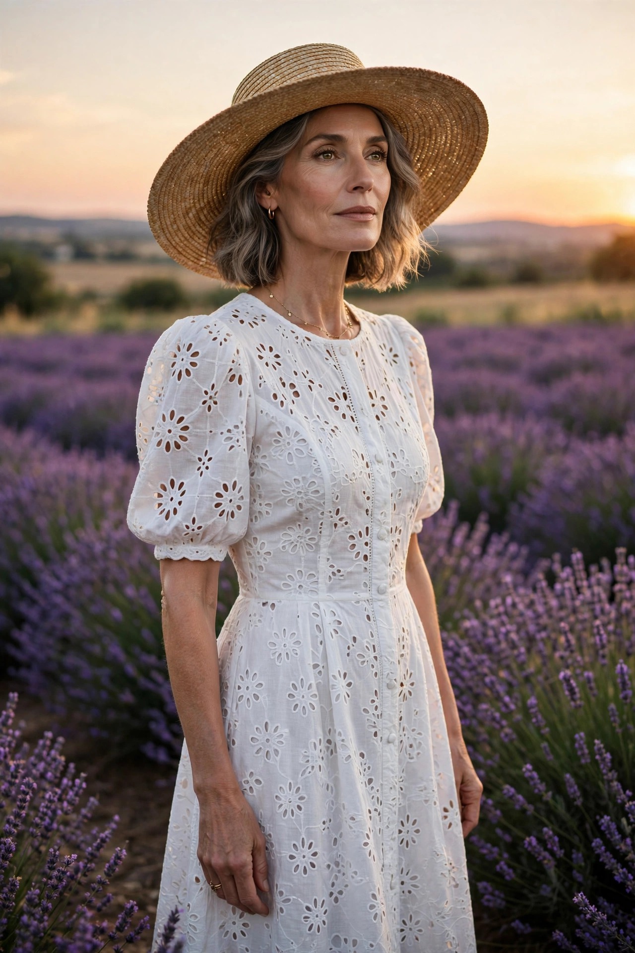 Woman in her 50s wearing a white eyelet midi dress with a wide-brim straw hat