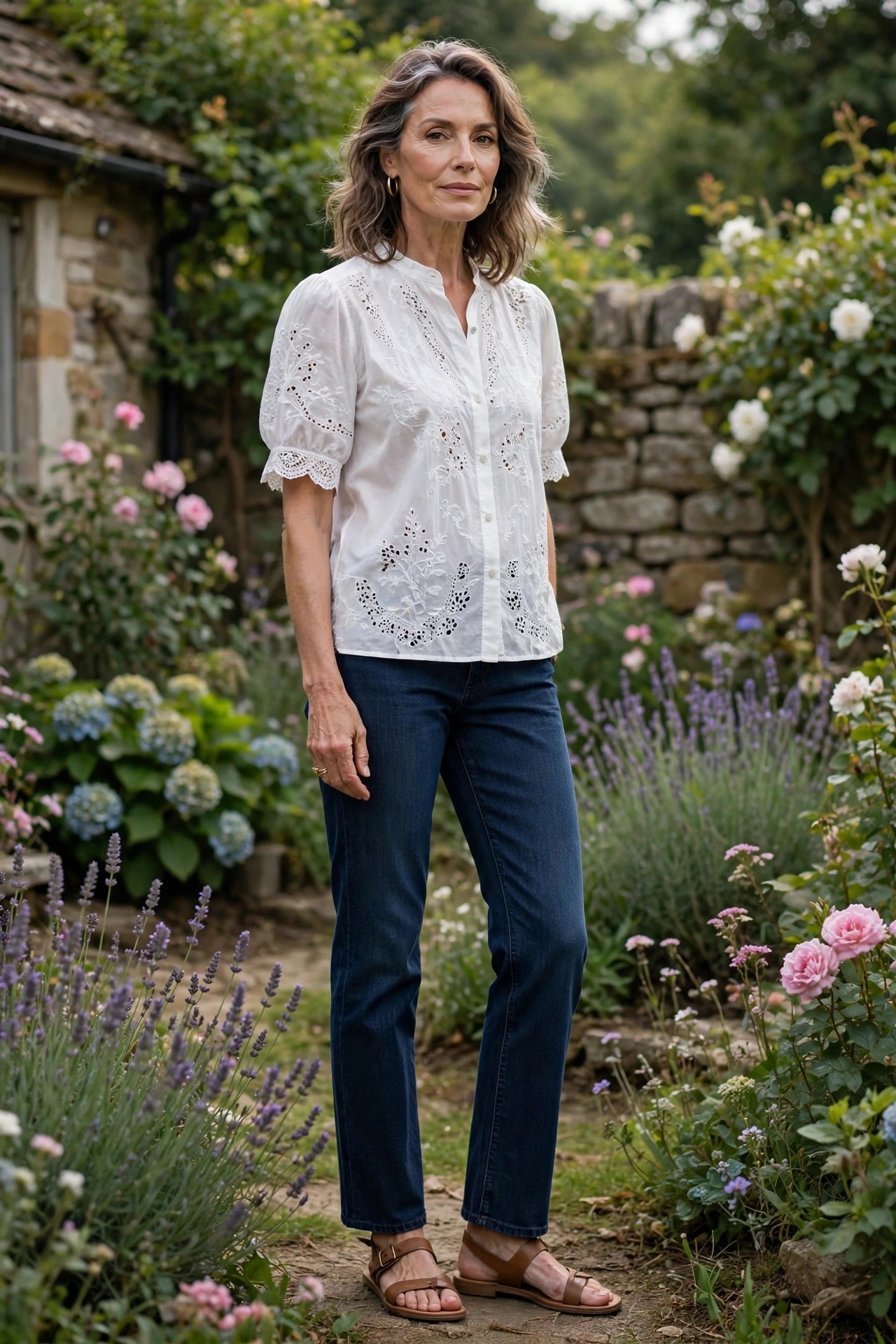 Woman in her 50s in a white broderie anglaise blouse with dark jeans