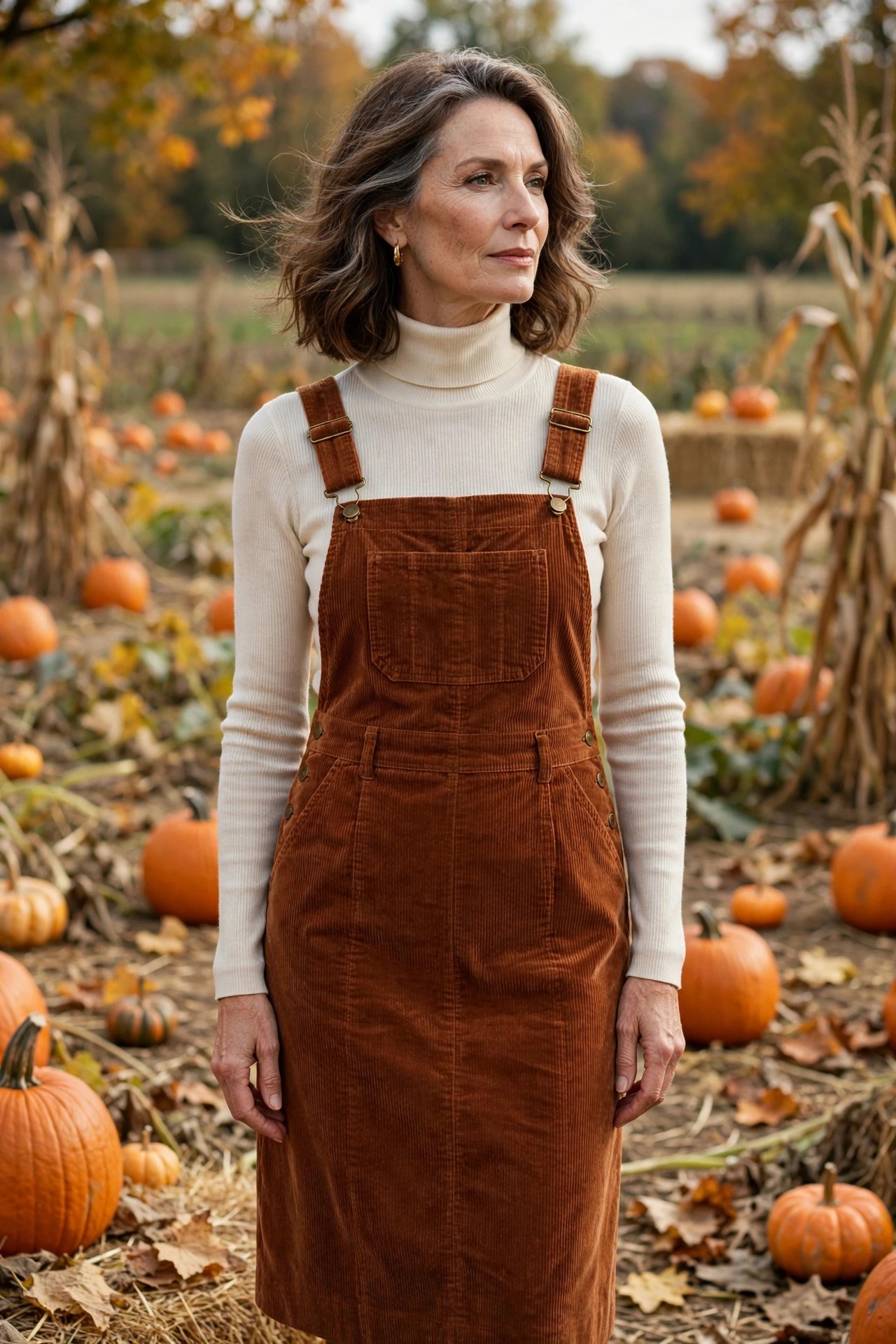 Woman in her 50s wearing a rust corduroy pinafore over a cream turtleneck