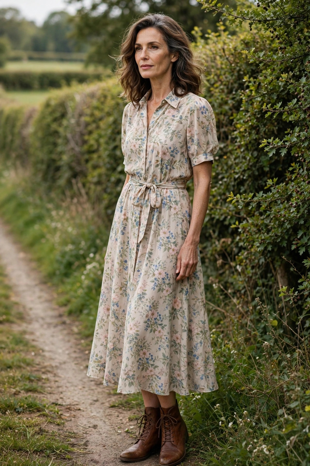 Woman in her 50s in a soft floral midi dress with brown lace-up ankle boots