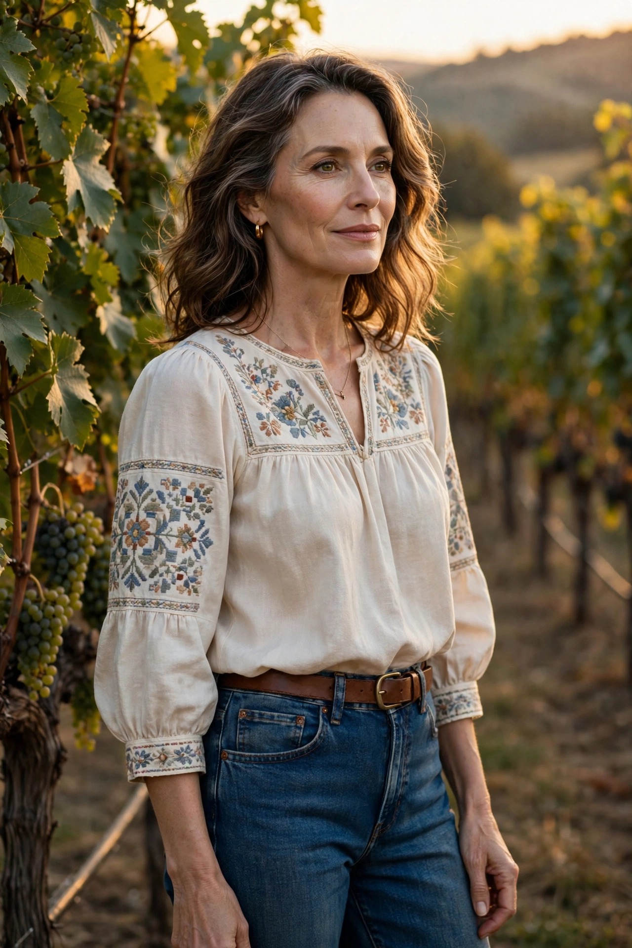 Woman in her 50s wearing an embroidered cream peasant blouse with jeans