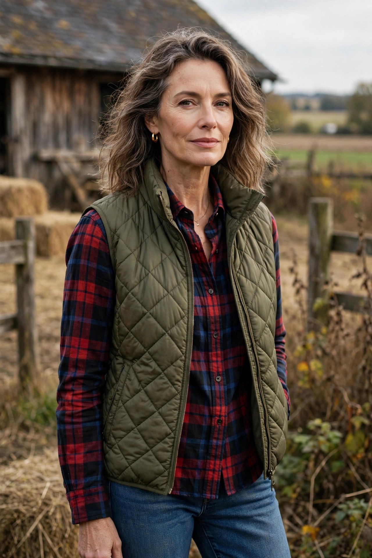 Woman in her 50s in an olive quilted vest over a plaid flannel shirt