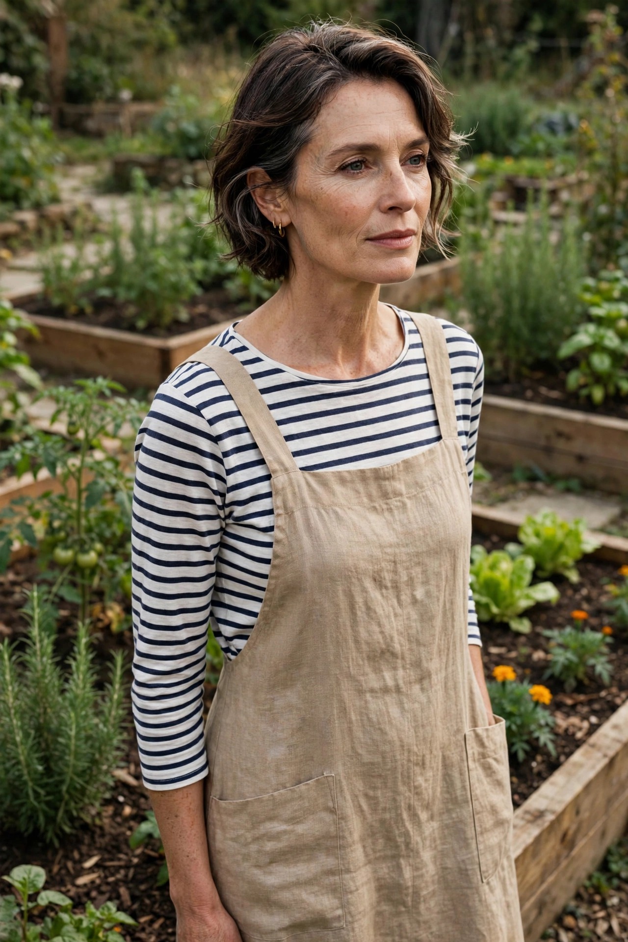 Woman in her 50s wearing a natural linen pinafore over a striped breton tee
