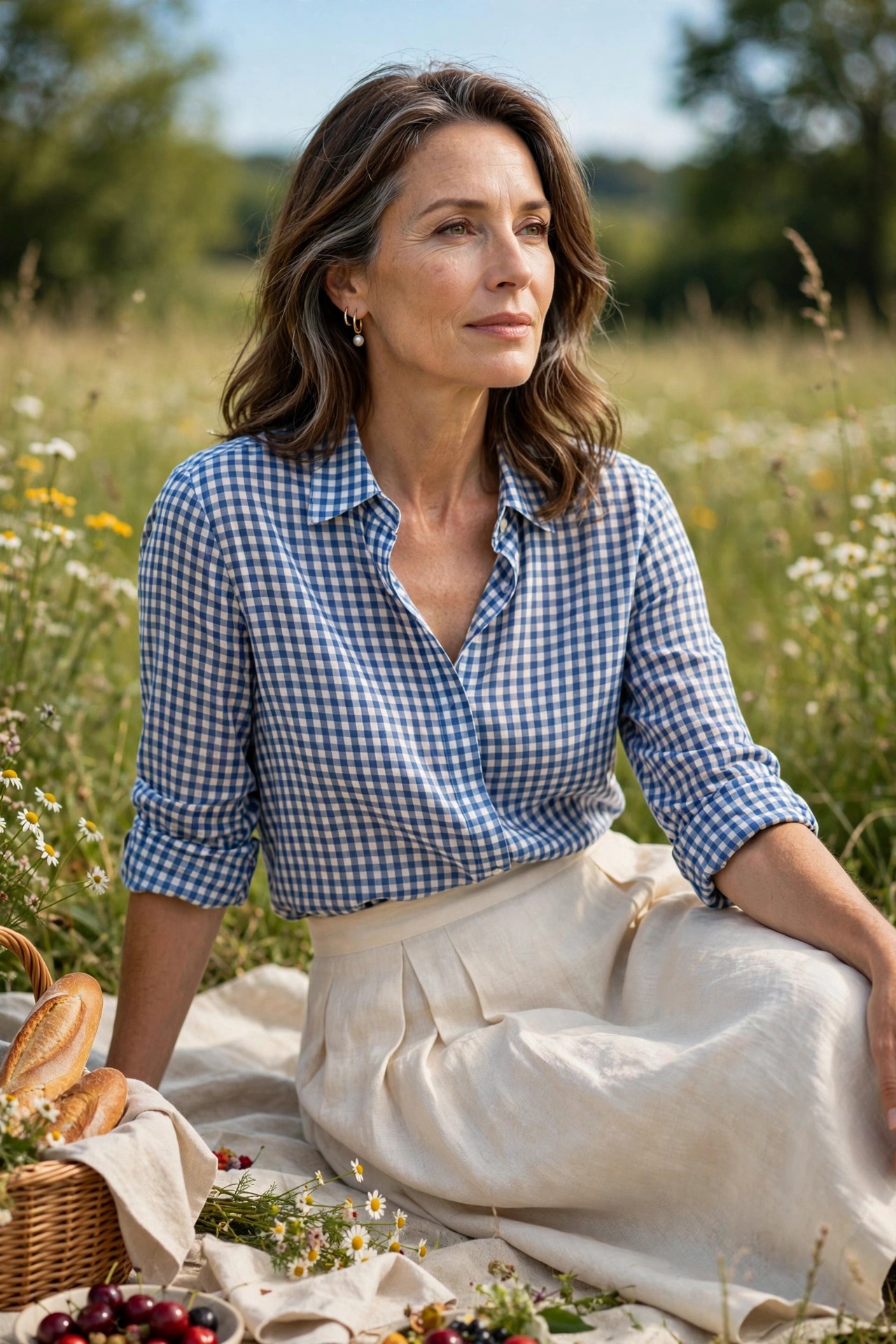 Woman in her 50s in a blue gingham blouse with a cream linen skirt
