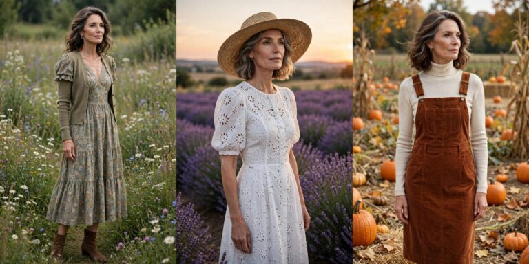 Cottagecore outfits for women over 50: prairie dress, eyelet dress, corduroy pinafore