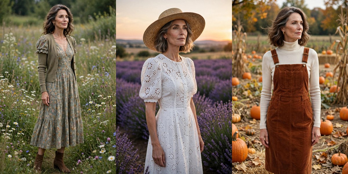 Cottagecore outfits for women over 50: prairie dress, eyelet dress, corduroy pinafore