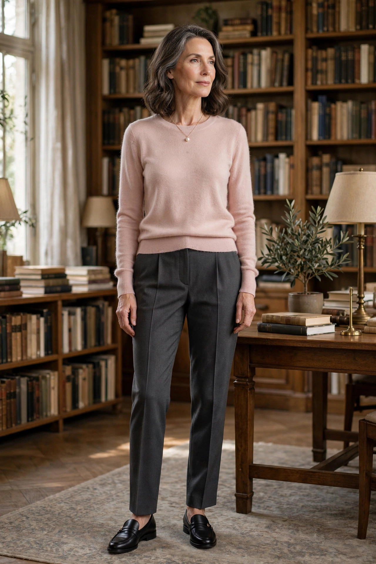 Woman over 50 in blush cashmere sweater with pearl necklace