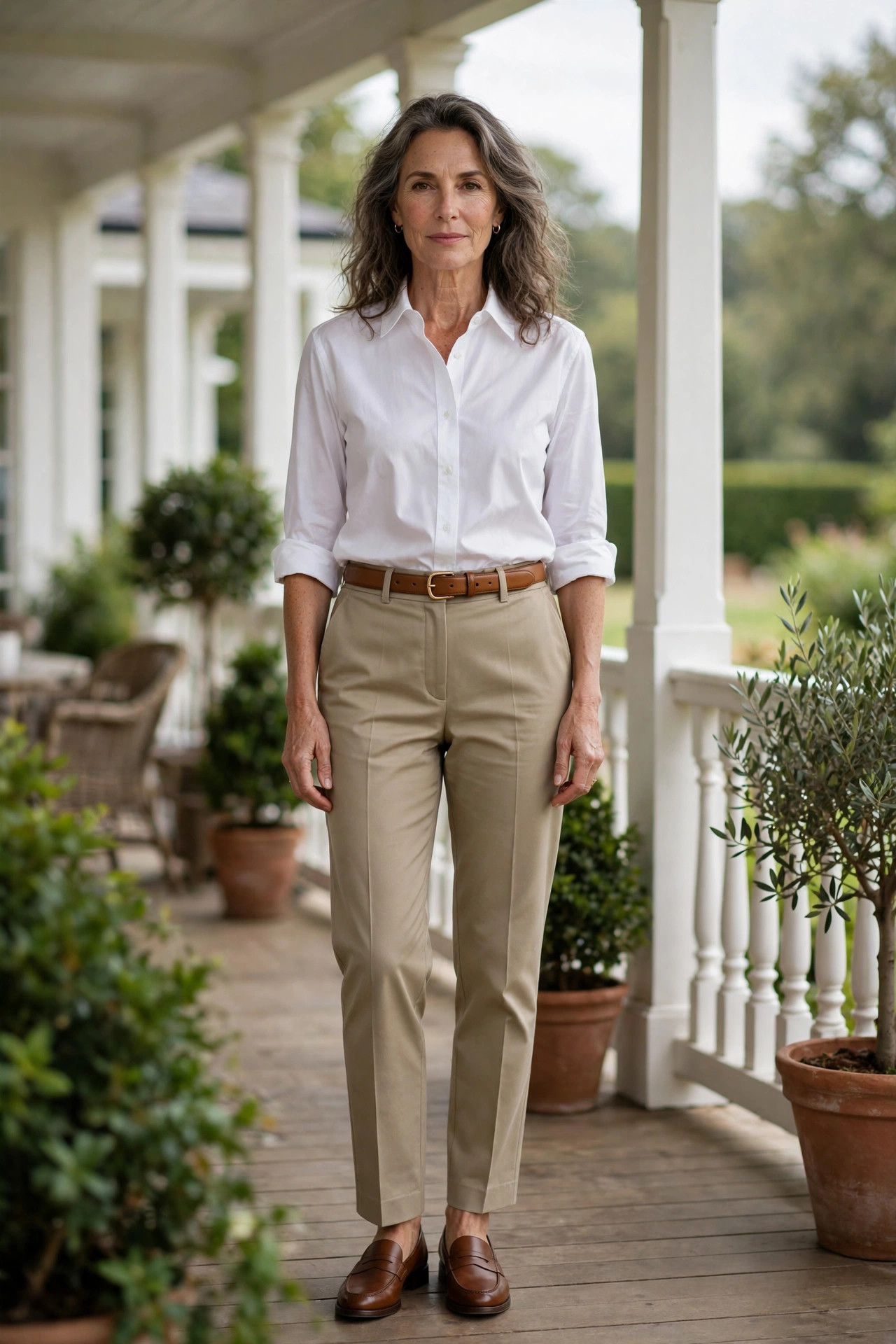 Woman over 50 in crisp white oxford shirt with khaki trousers