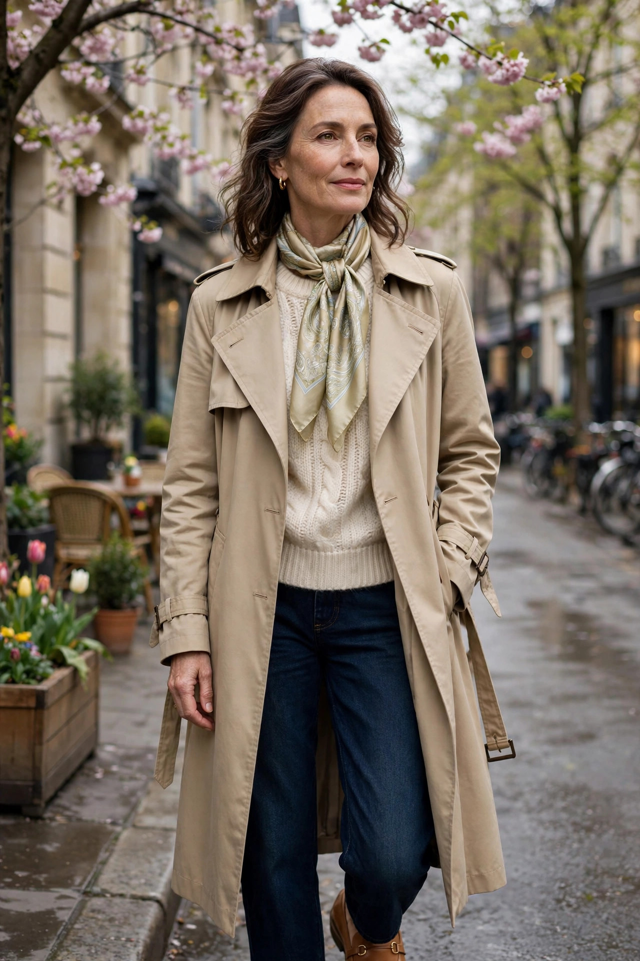 Woman over 50 in white jeans with breton stripe top