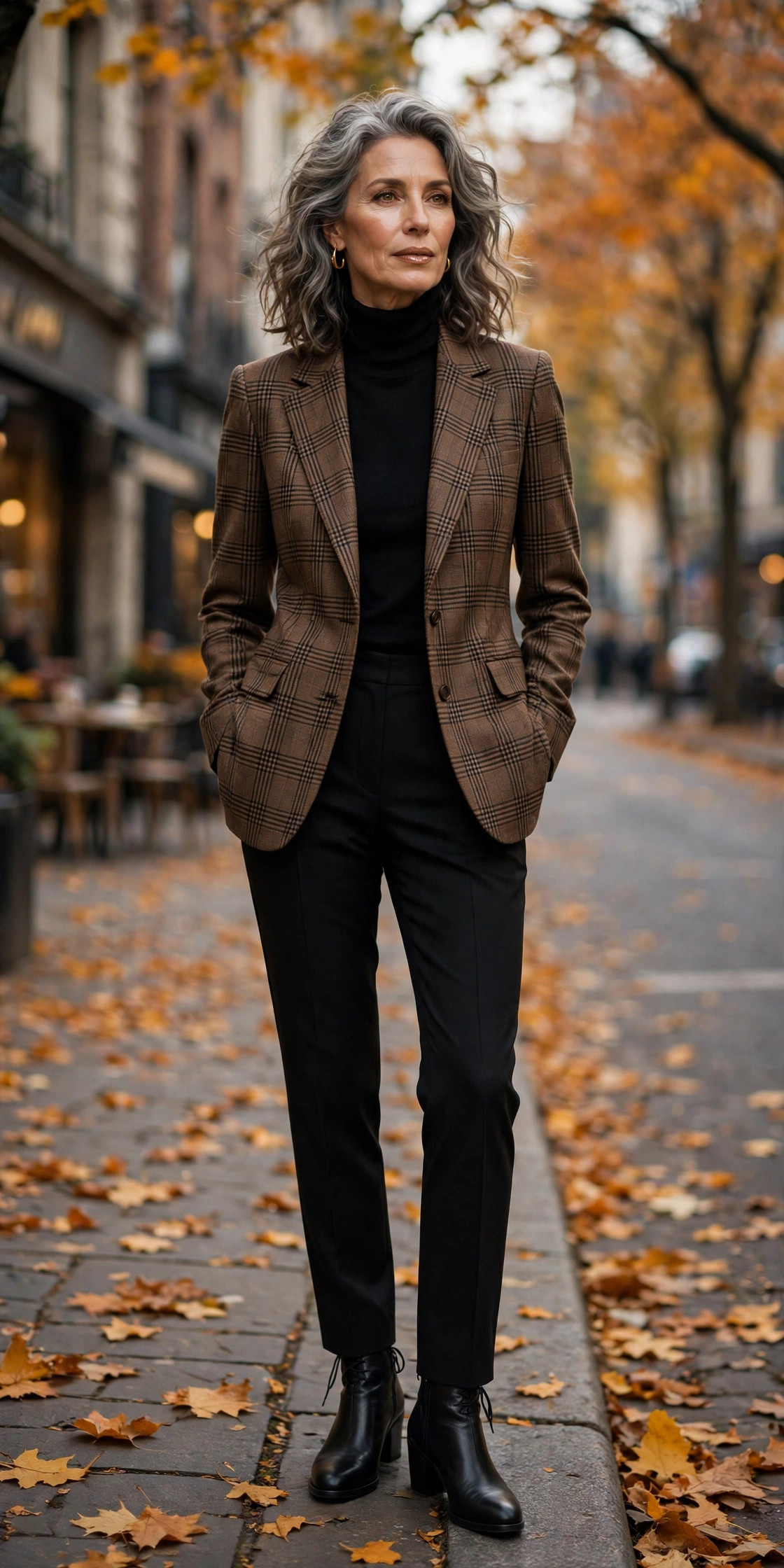 Woman over 50 in natural linen suit with sandals