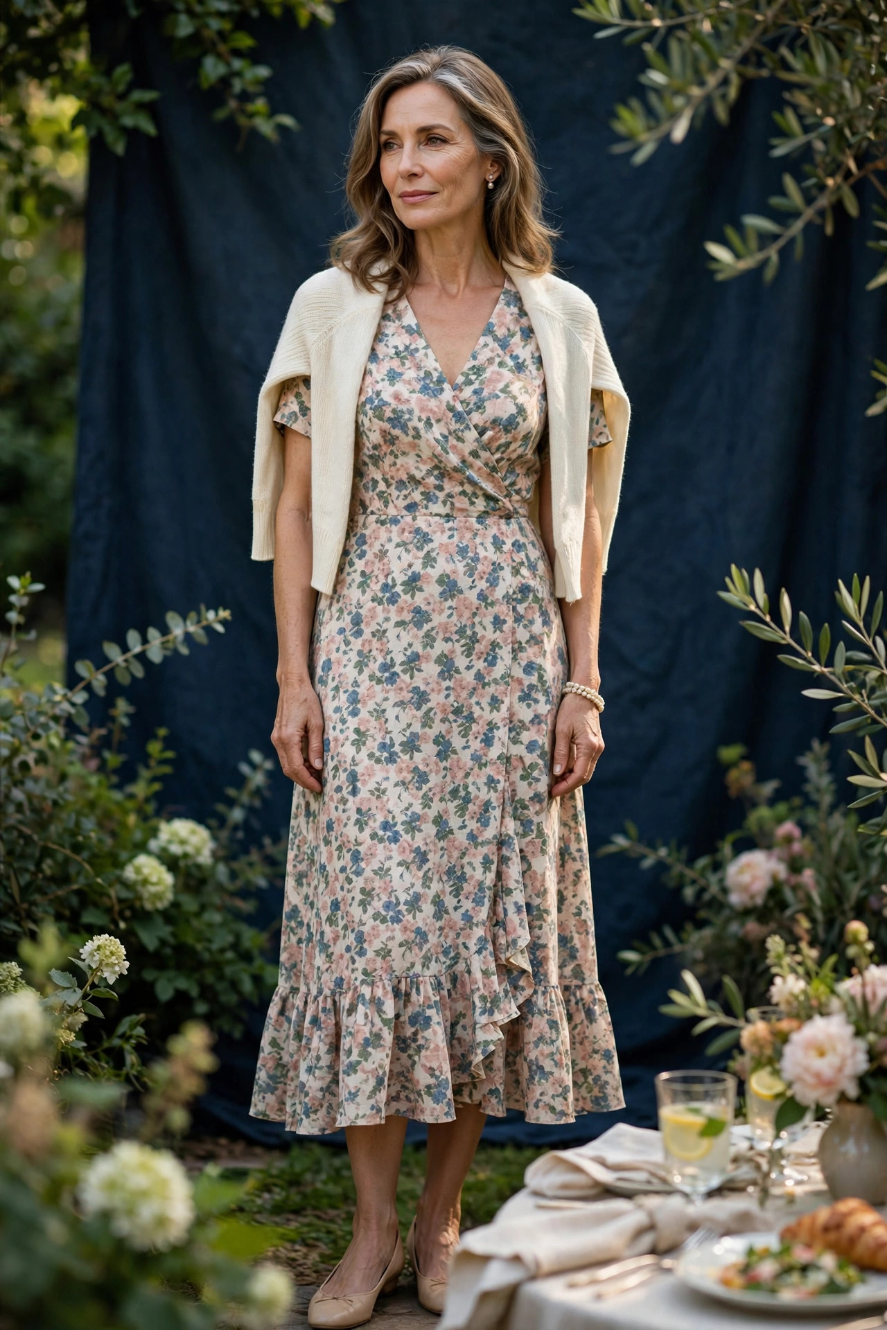 Woman over 50 in floral midi dress with cream cardigan
