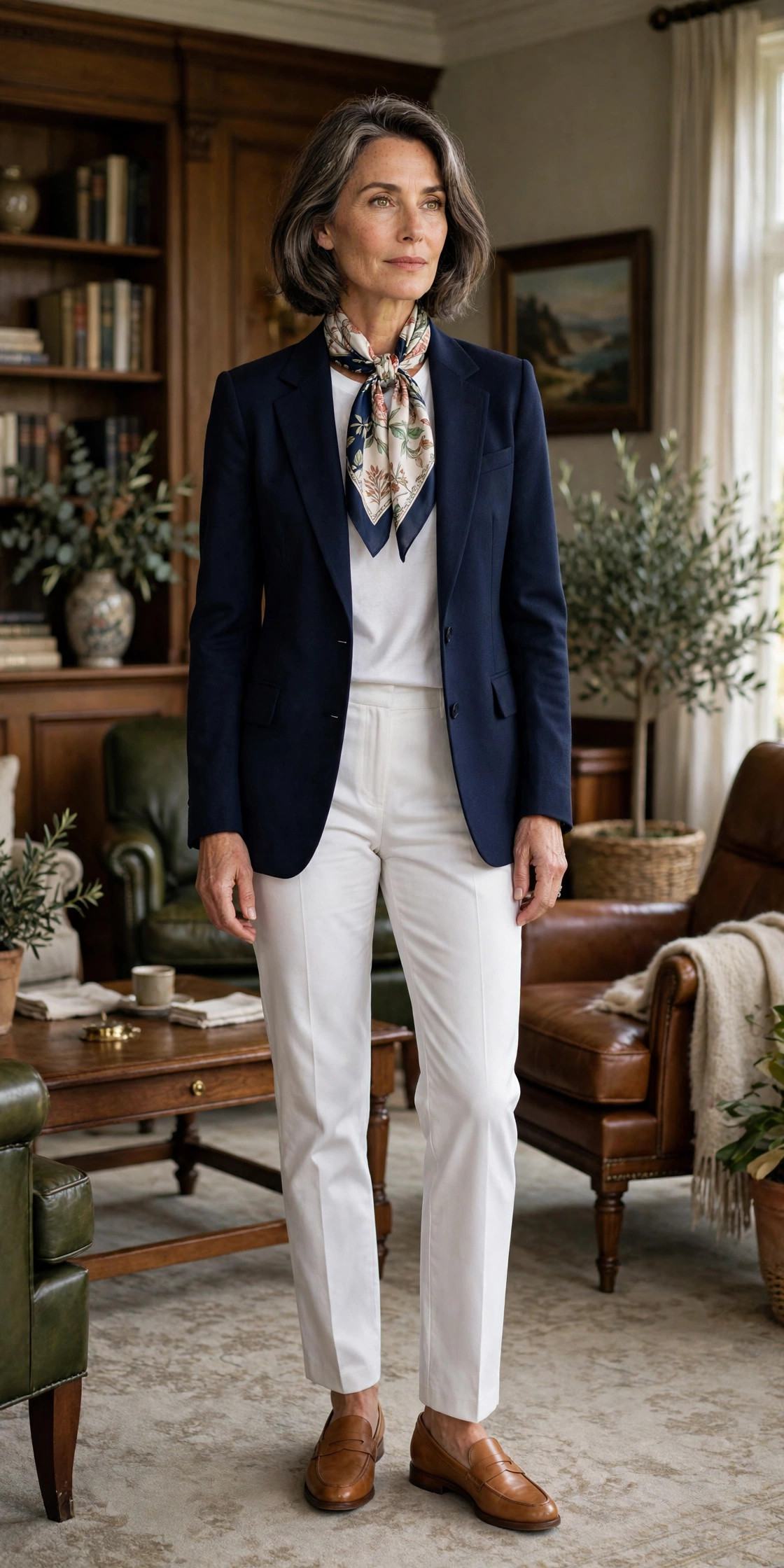 Woman over 50 in beige trench coat with silk scarf