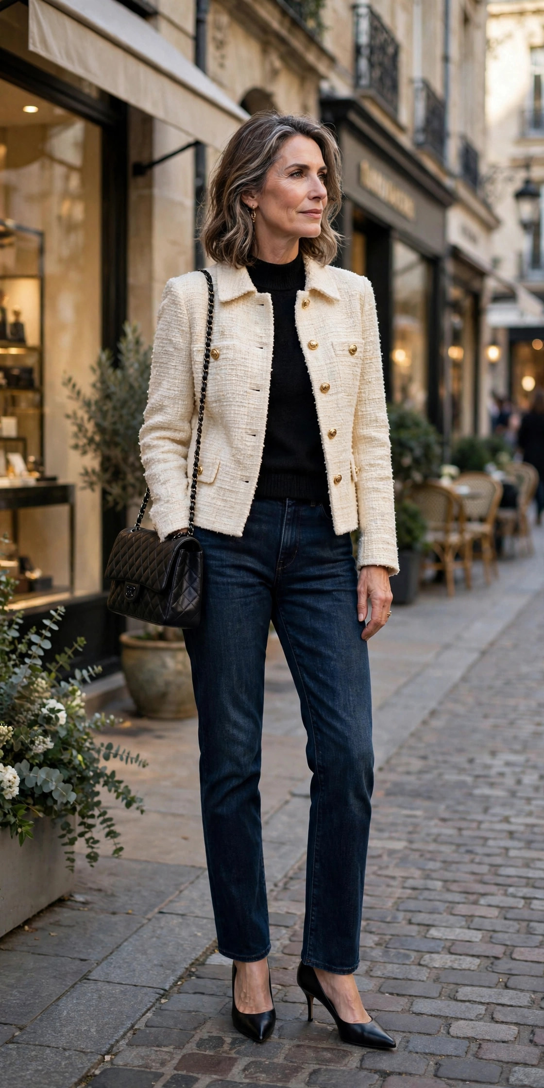 Woman over 50 in brown plaid blazer with black turtleneck