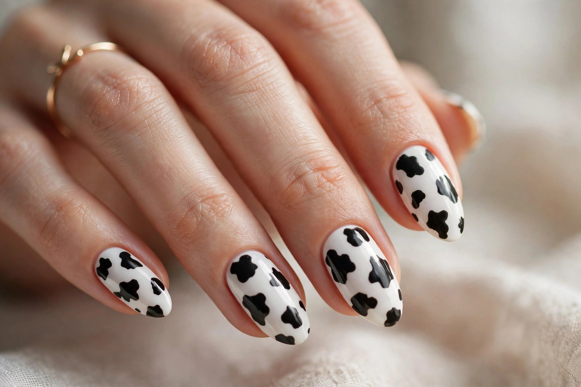 Almond nails with classic black cow print spots on a white base