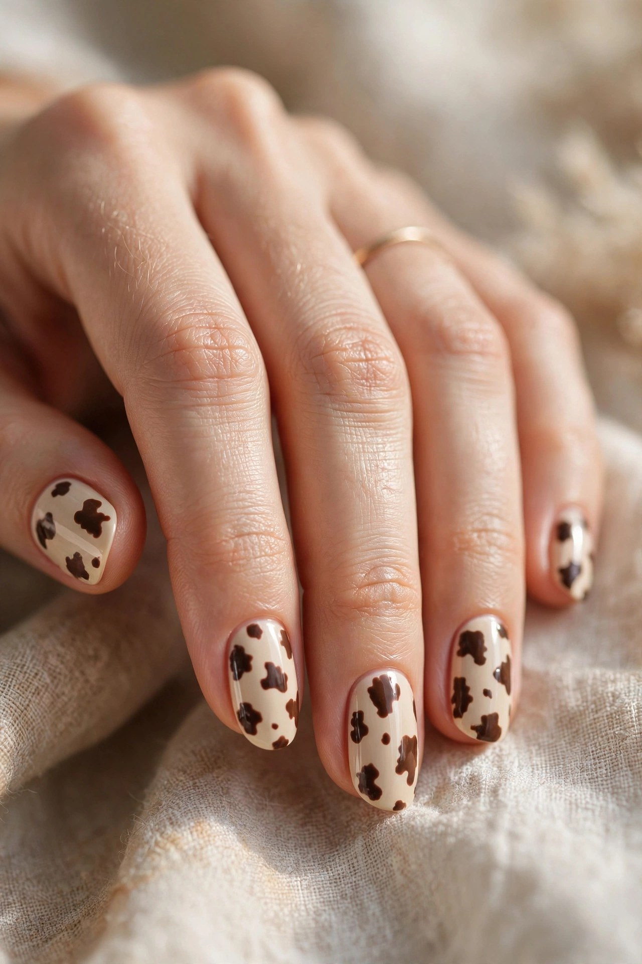 Almond nails with chocolate cow spots on a latte beige base