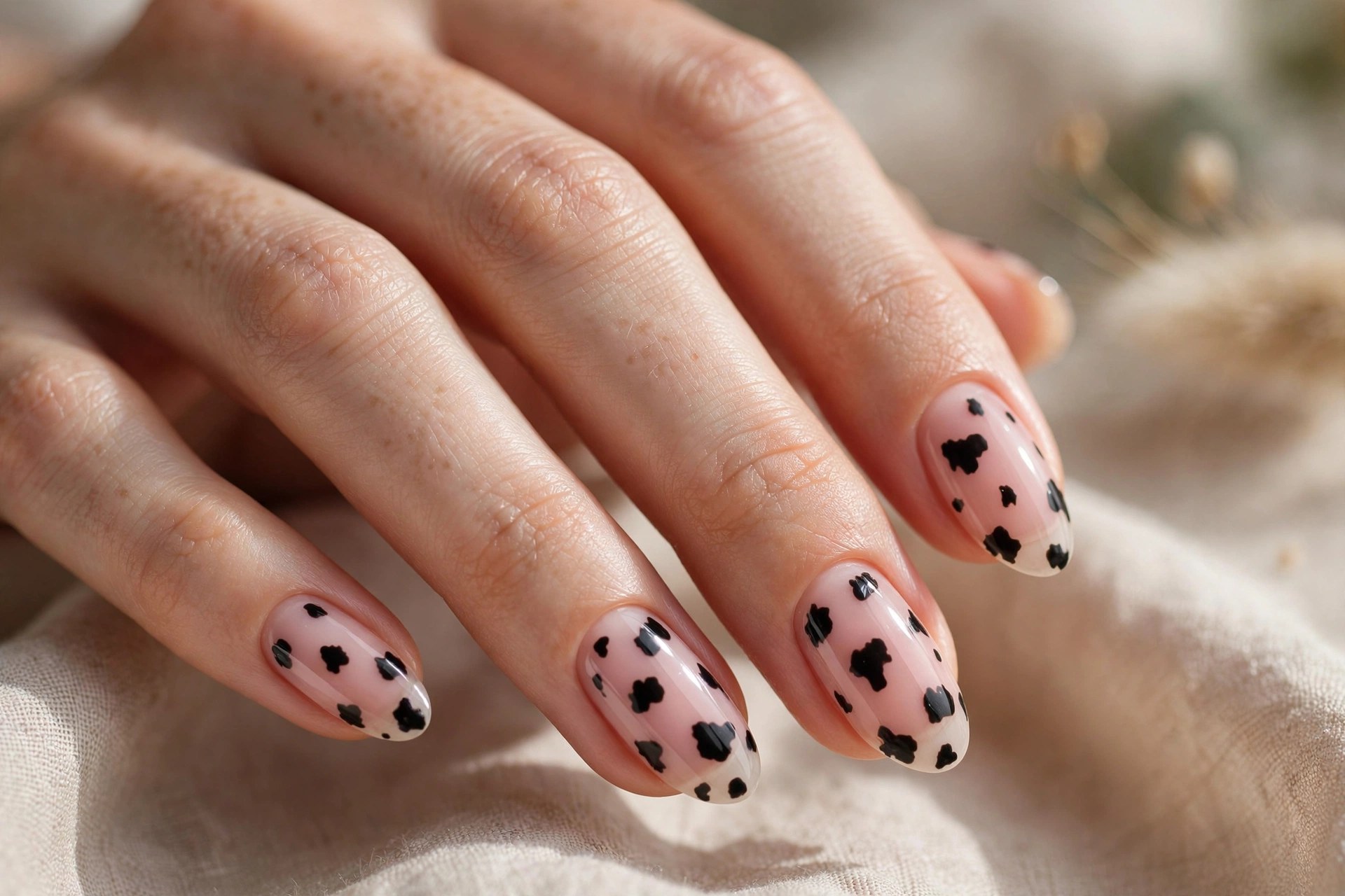 Short almond nails with black cow spots over blush pink polish