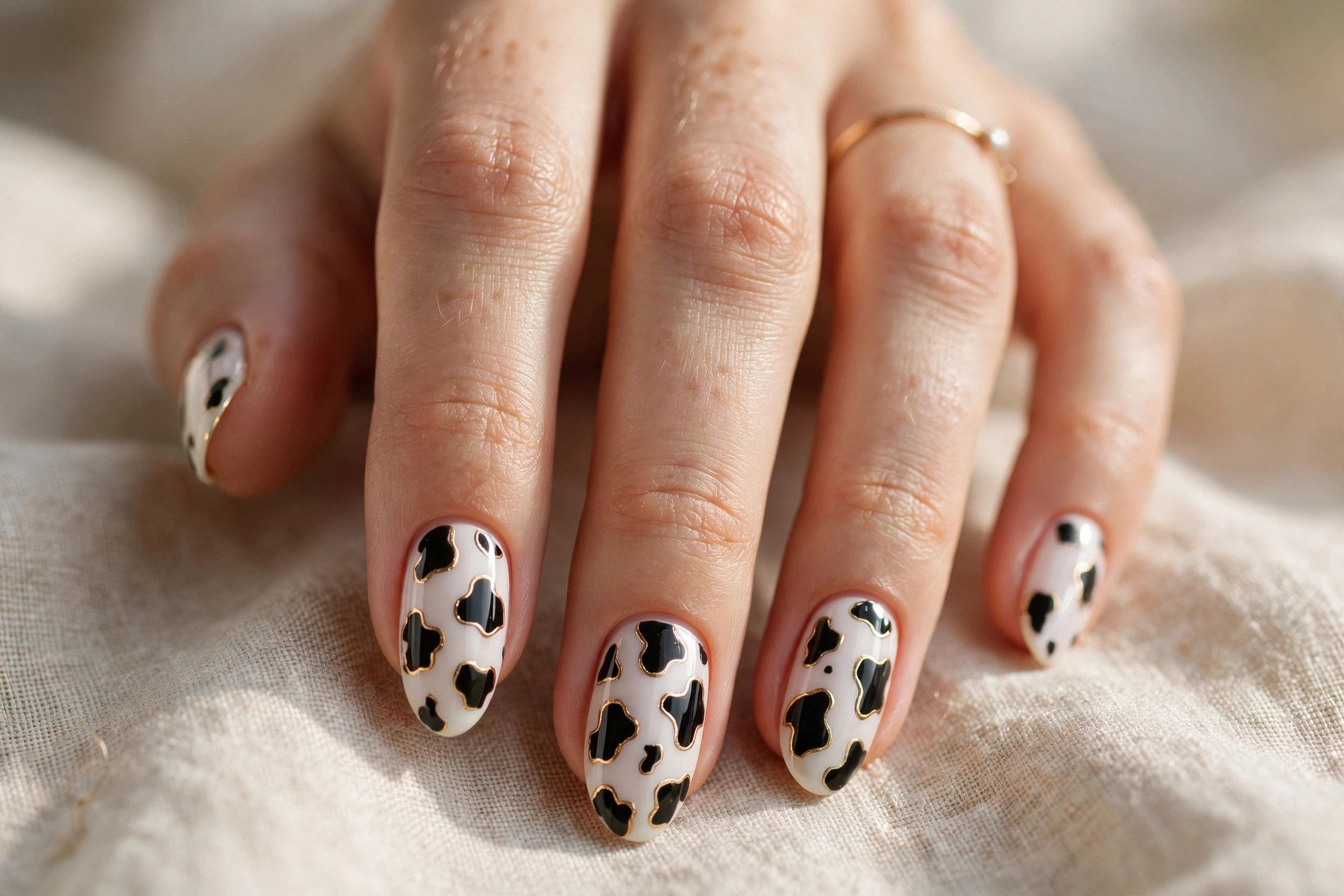 White nails with gold-outlined black cow print spots