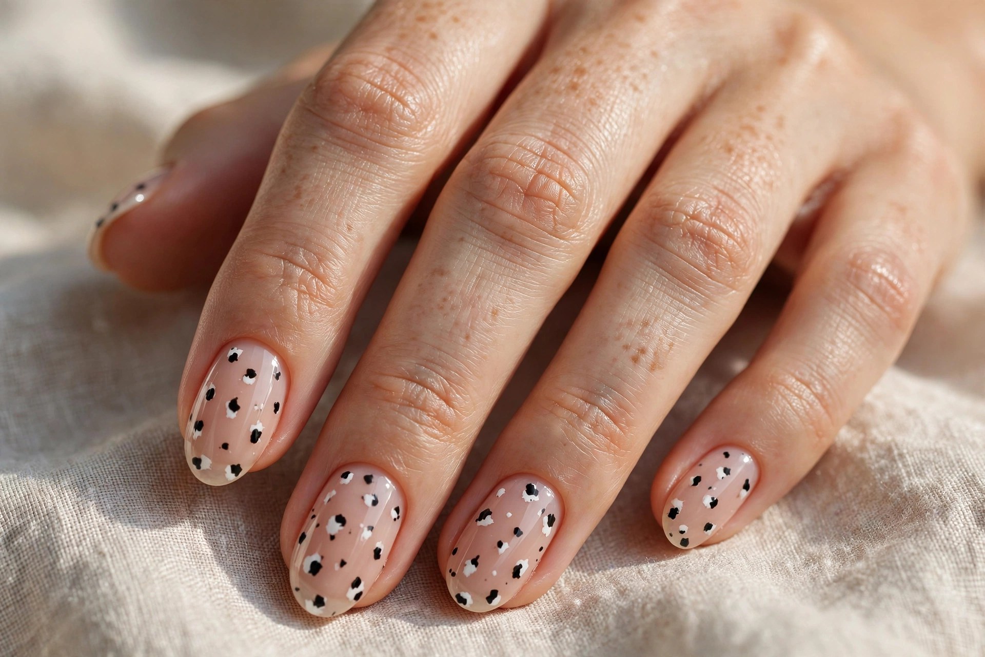 Nude nails with tiny micro cow print spots