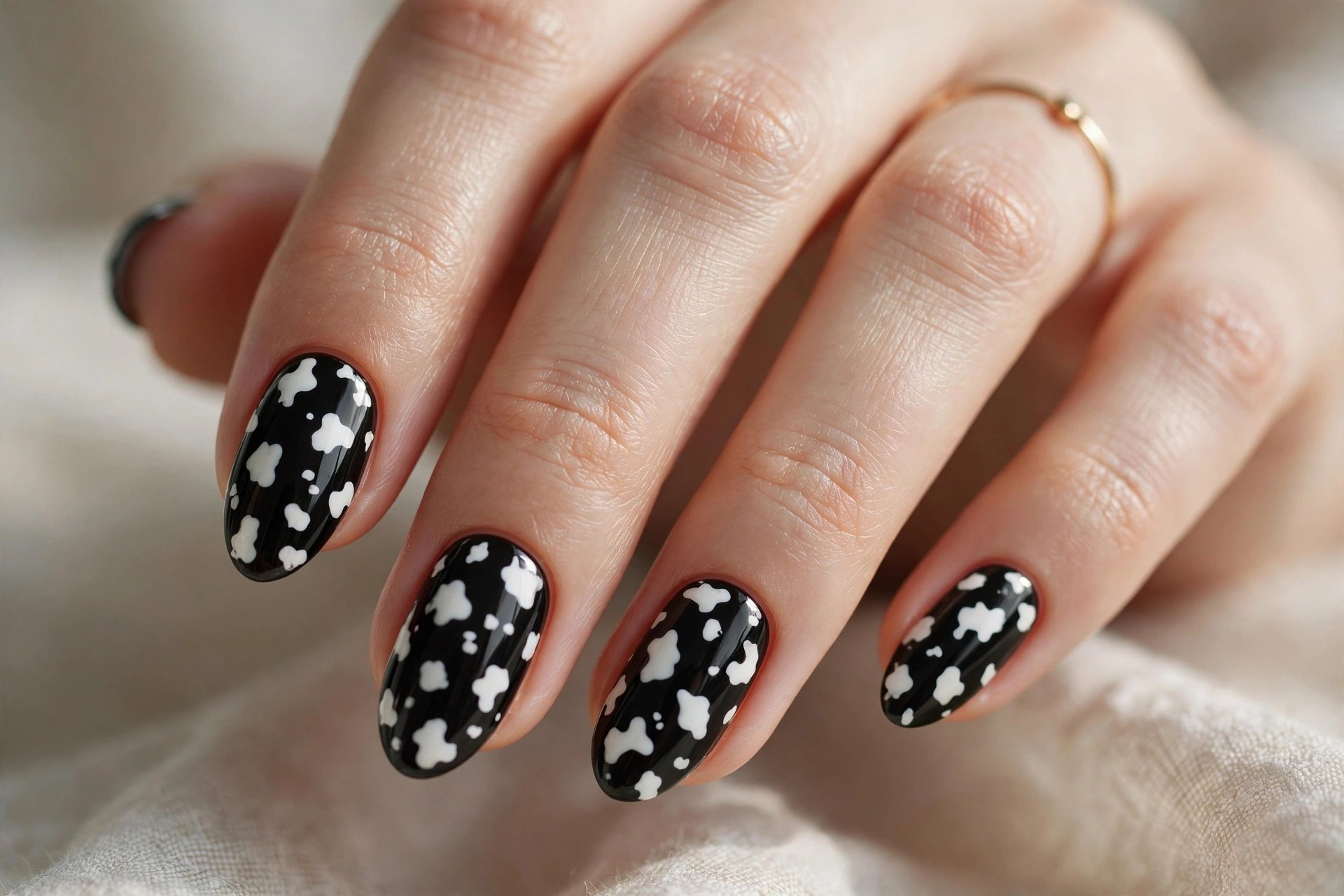 Black nails with white reverse cow print spots
