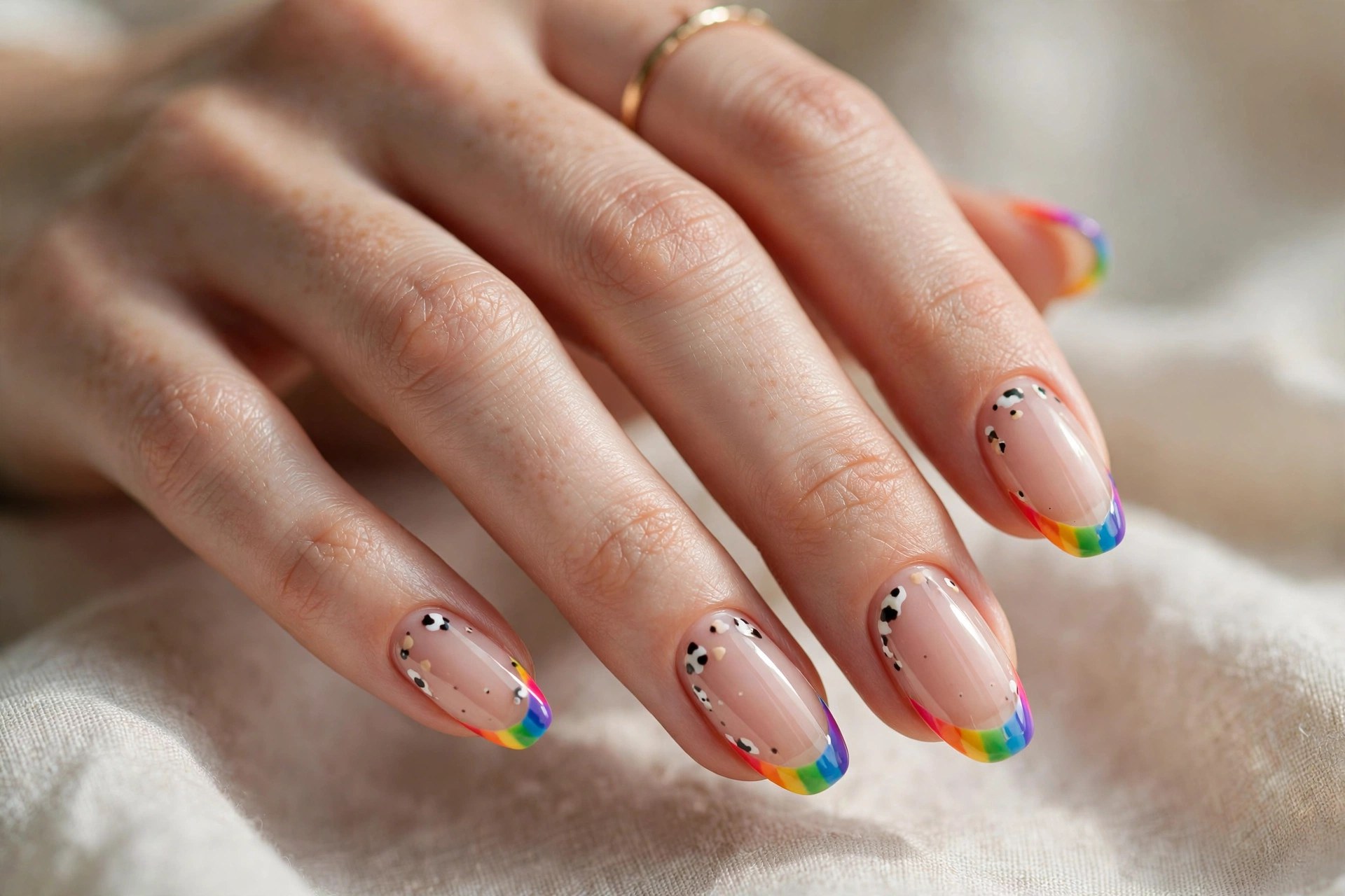 French tip nails in rainbow colors with mini cow spots