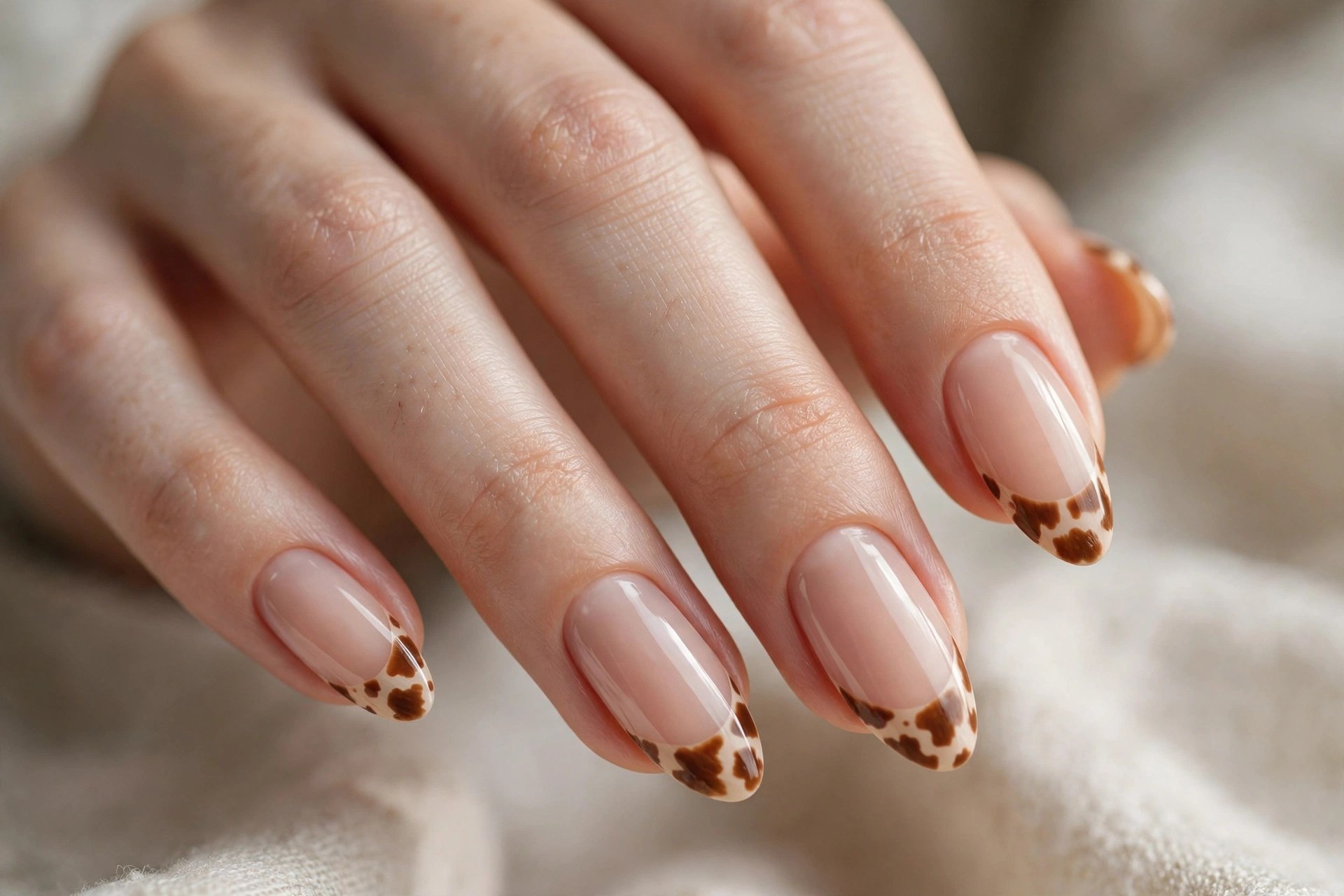 French tip nails with caramel cow print spots