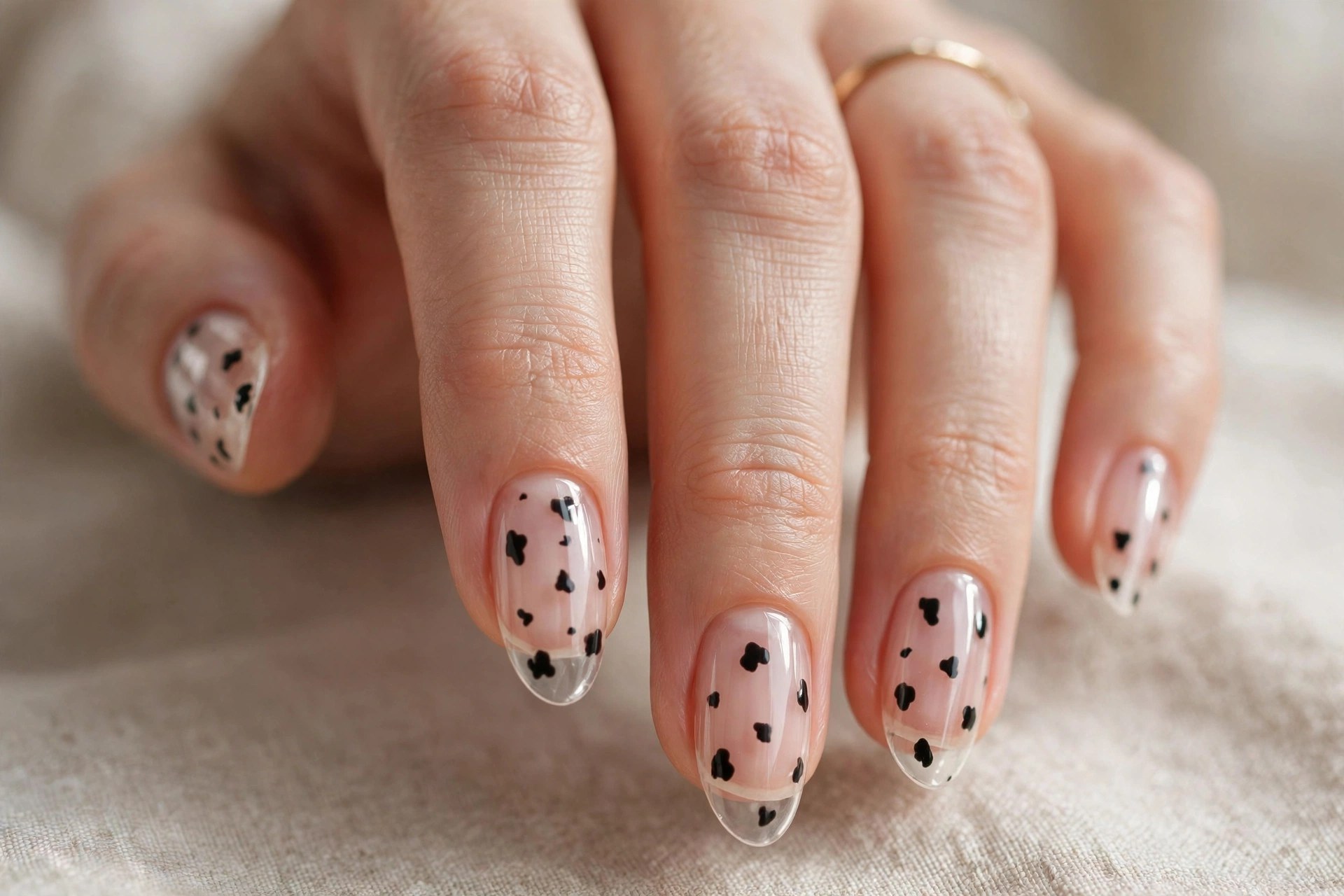 Negative space nails with scattered cow print spots
