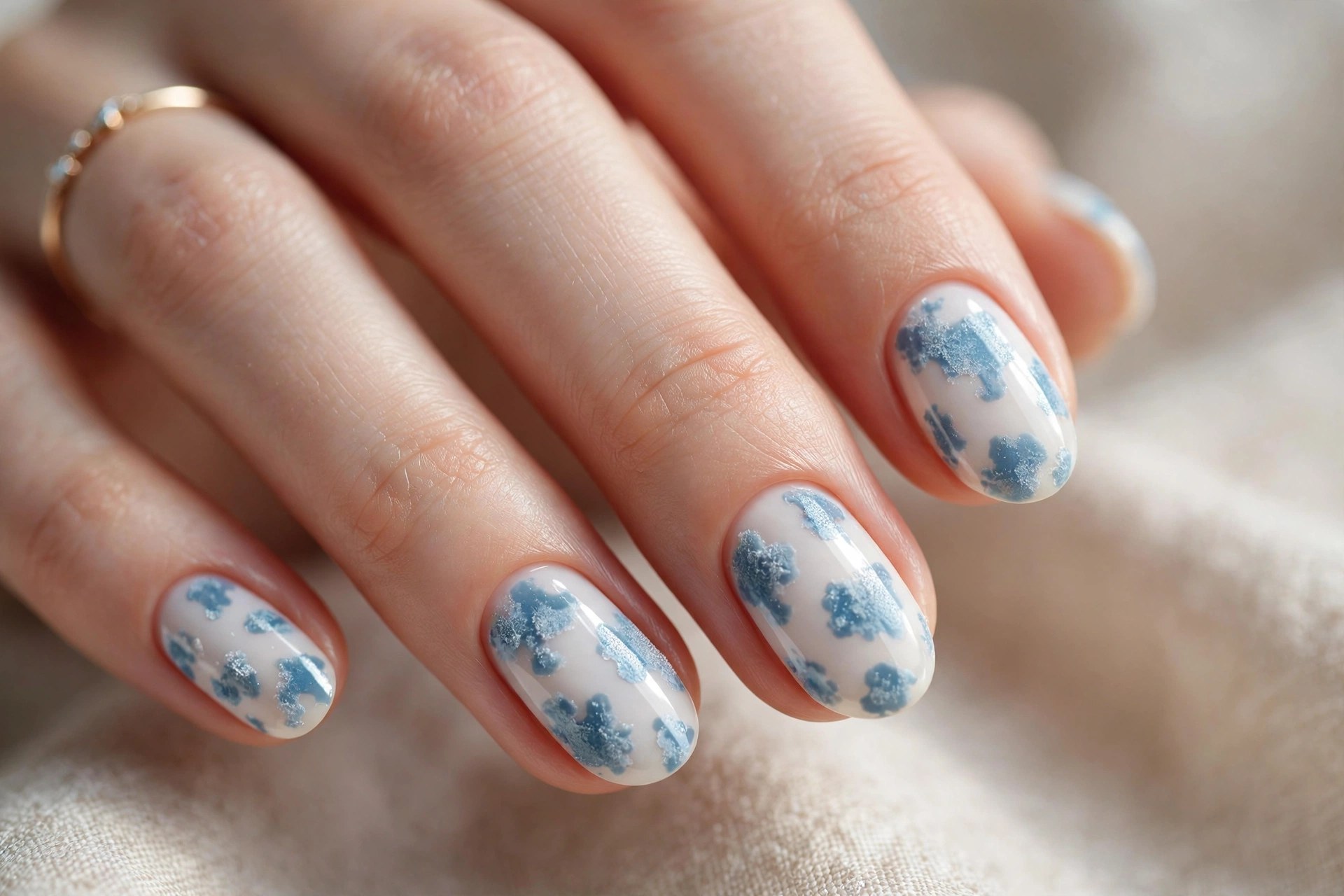 Milky white nails with frosted blue cow print spots