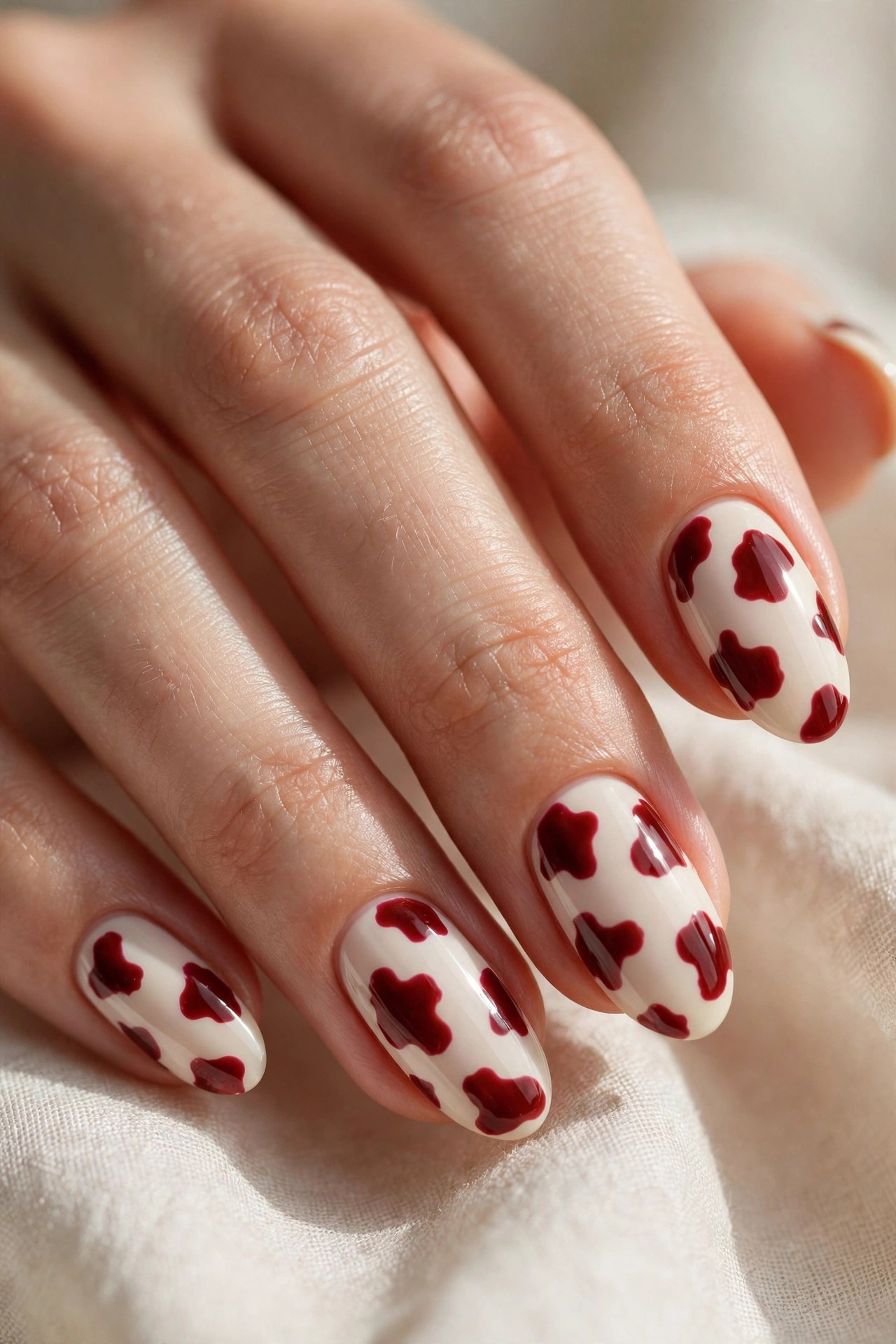 Cream nails with cherry red cow print spots