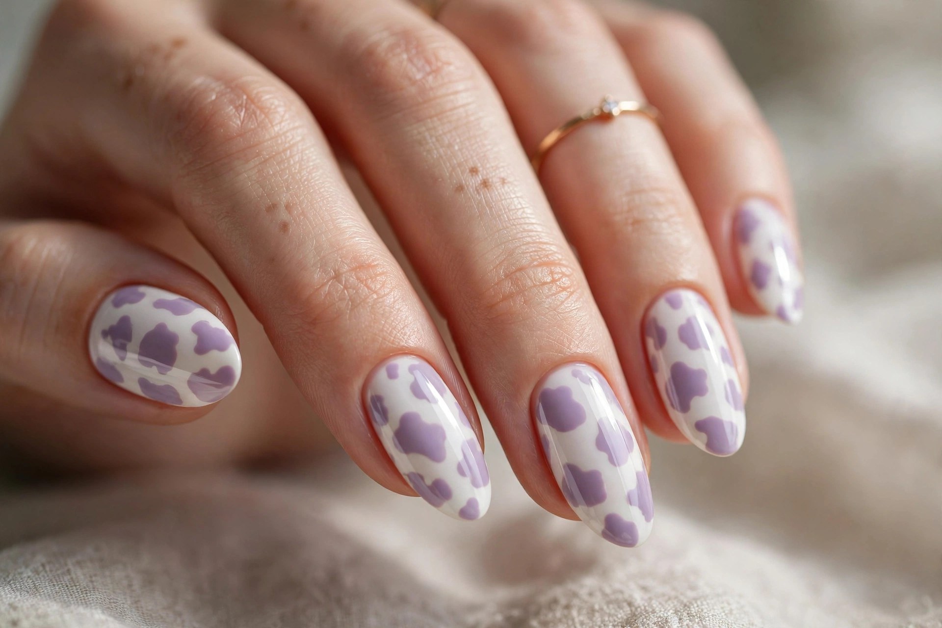 White nails with soft lavender cow print spots
