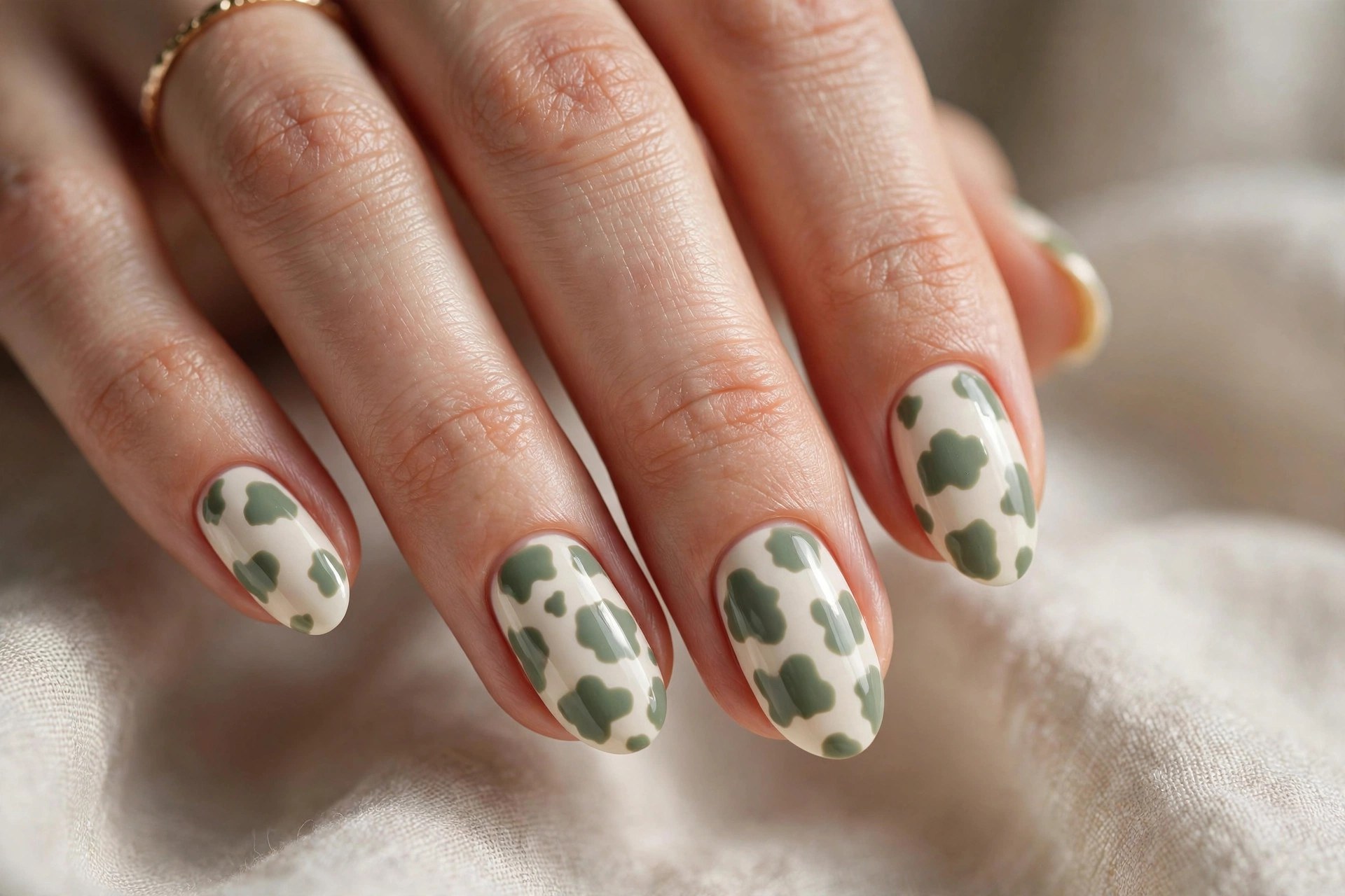 Ivory nails with sage green cow print spots