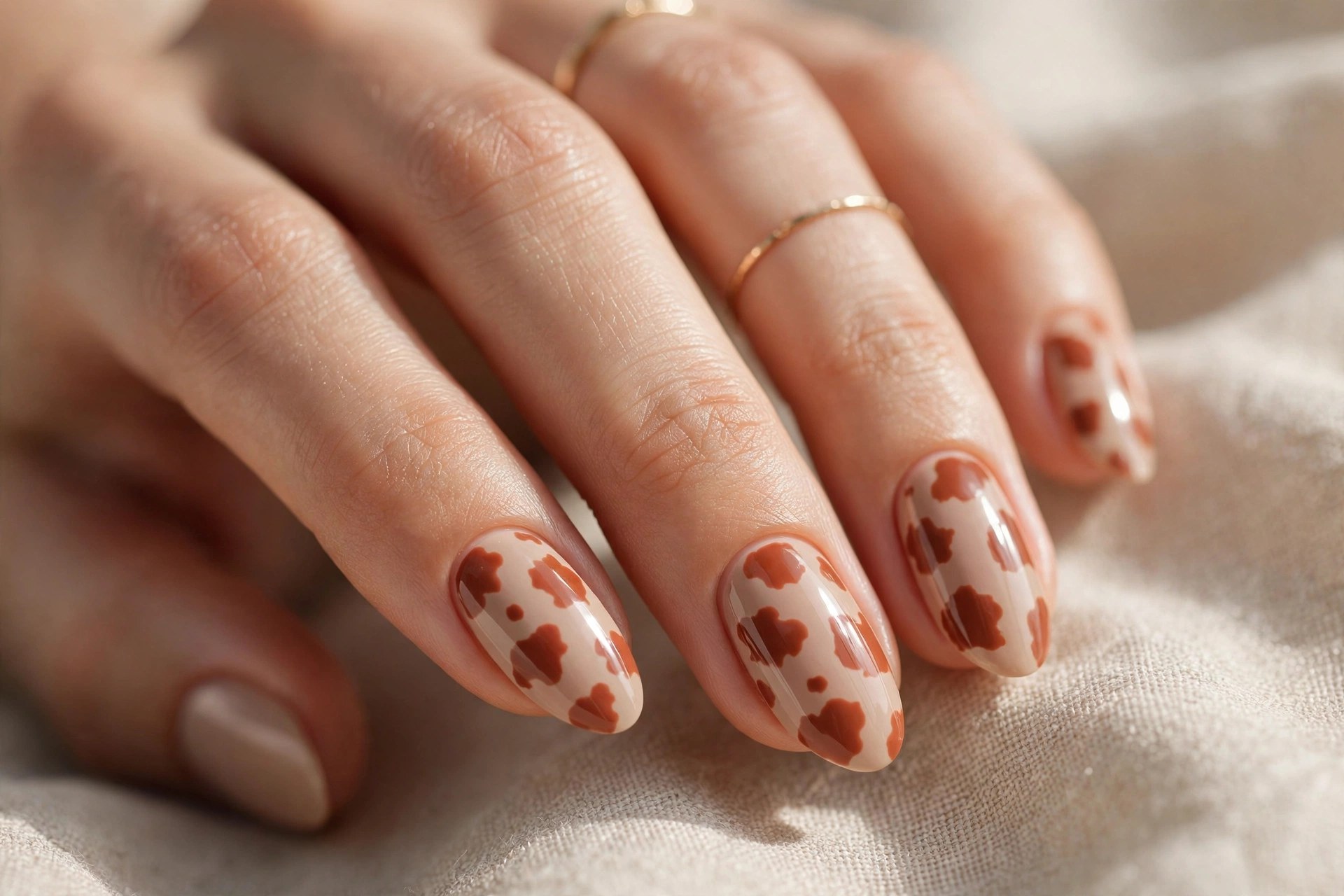 Sandy nude nails with terracotta cow print spots