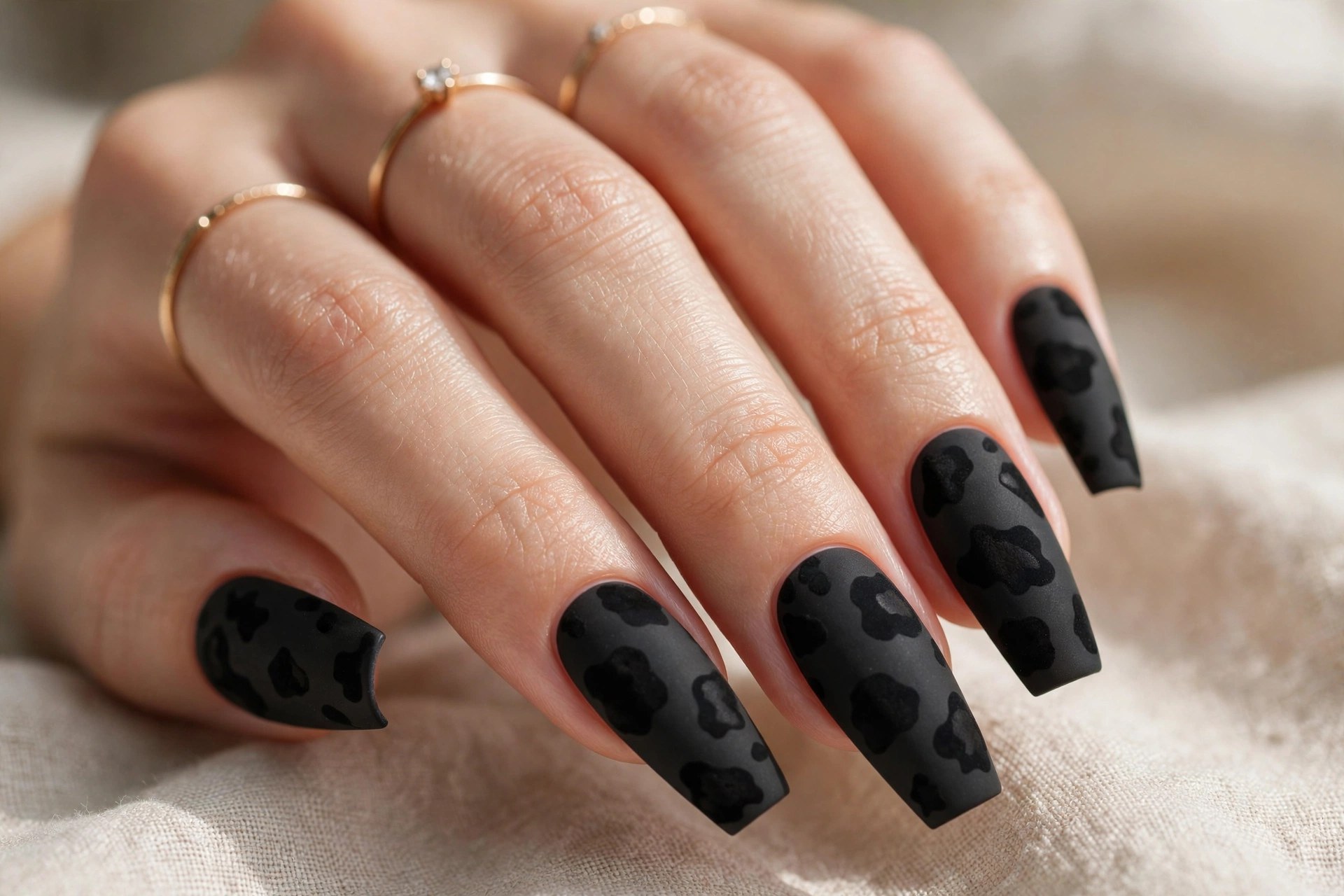 Matte black coffin nails with tonal cow print spots