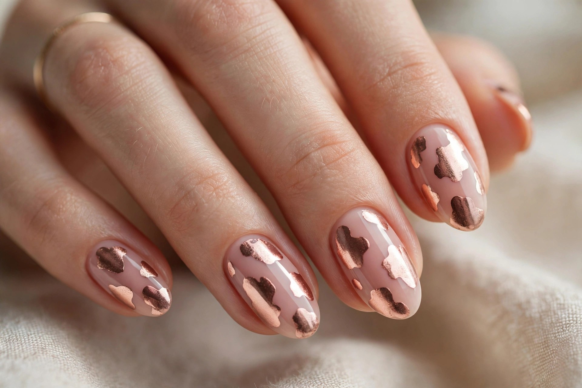 Blush nails with rose-gold metallic cow print spots