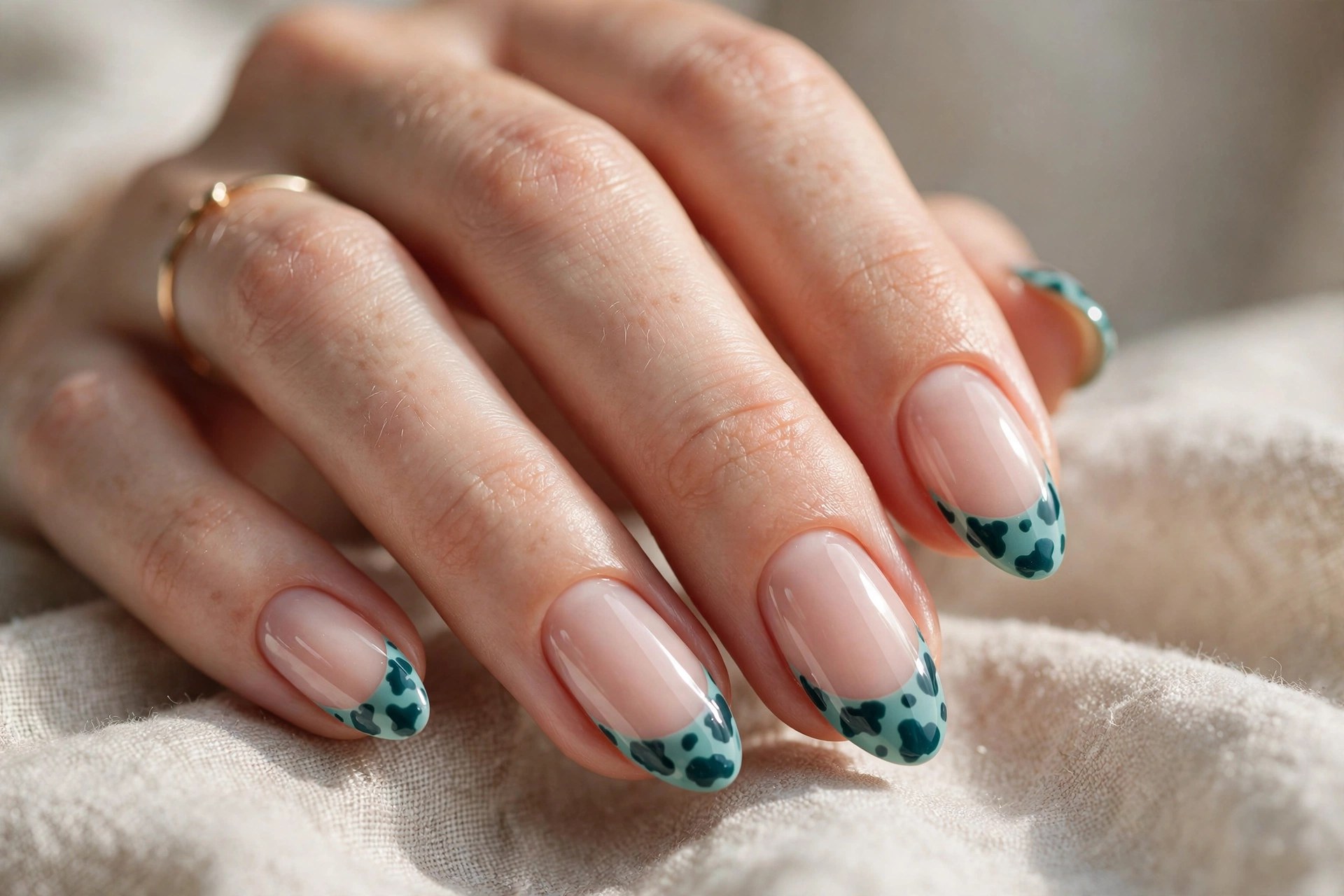 French tip nails with teal cow print spots