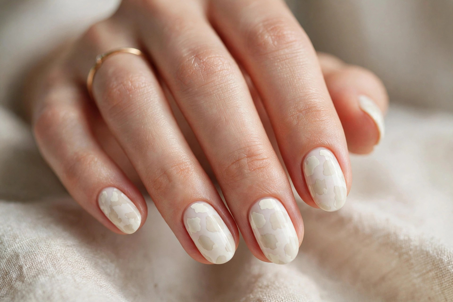 Ivory nails with subtle tonal cow print spots