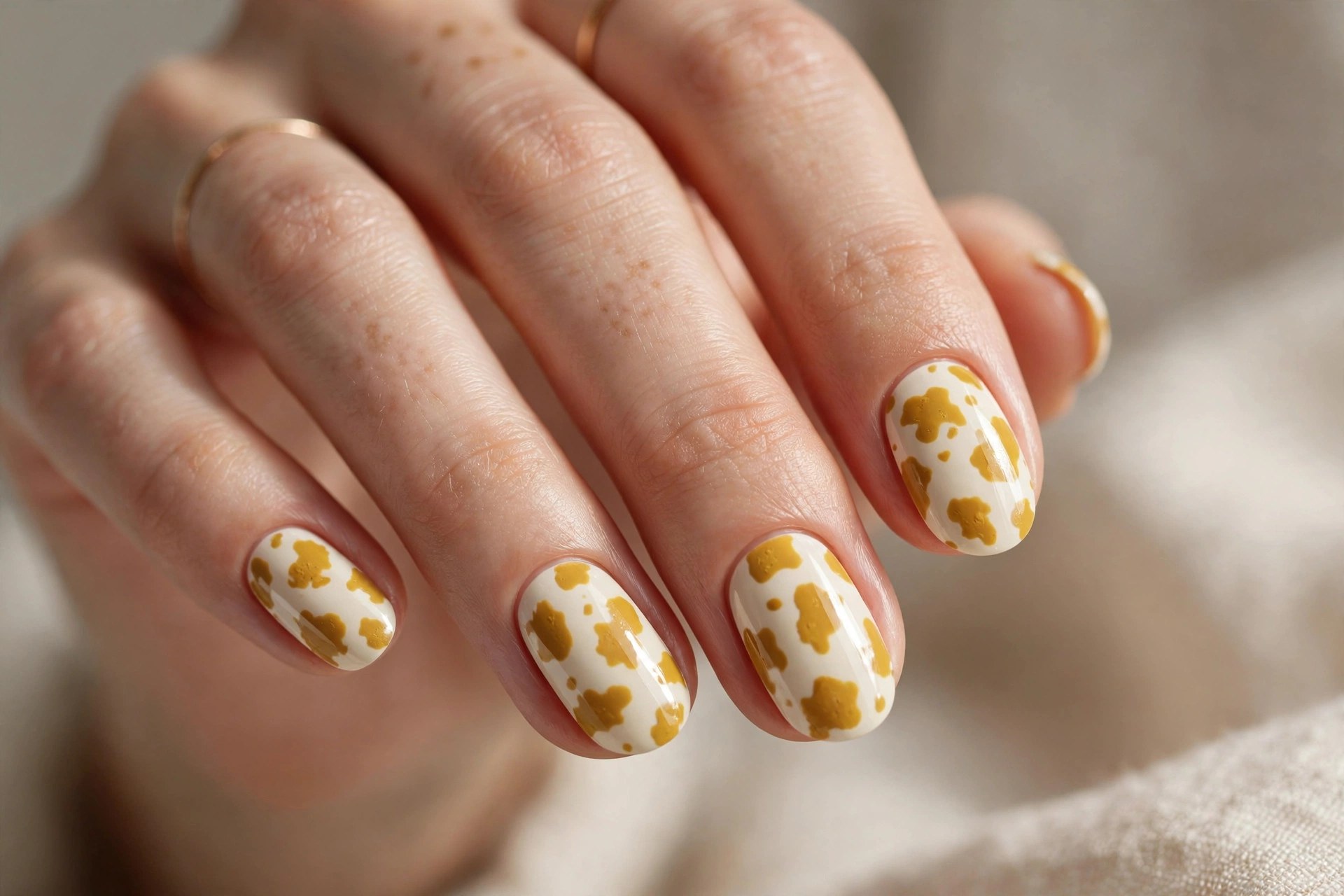 Cream nails with mustard yellow cow print spots