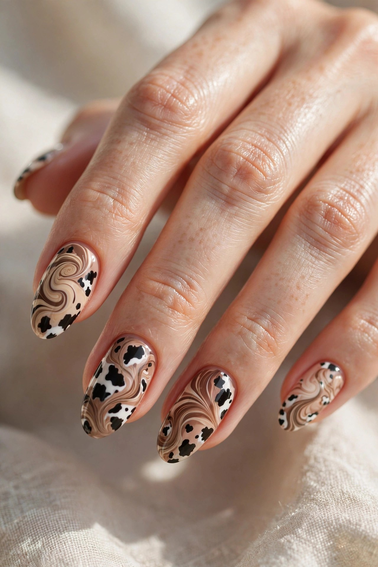 Marbled mocha nails with cow print spots