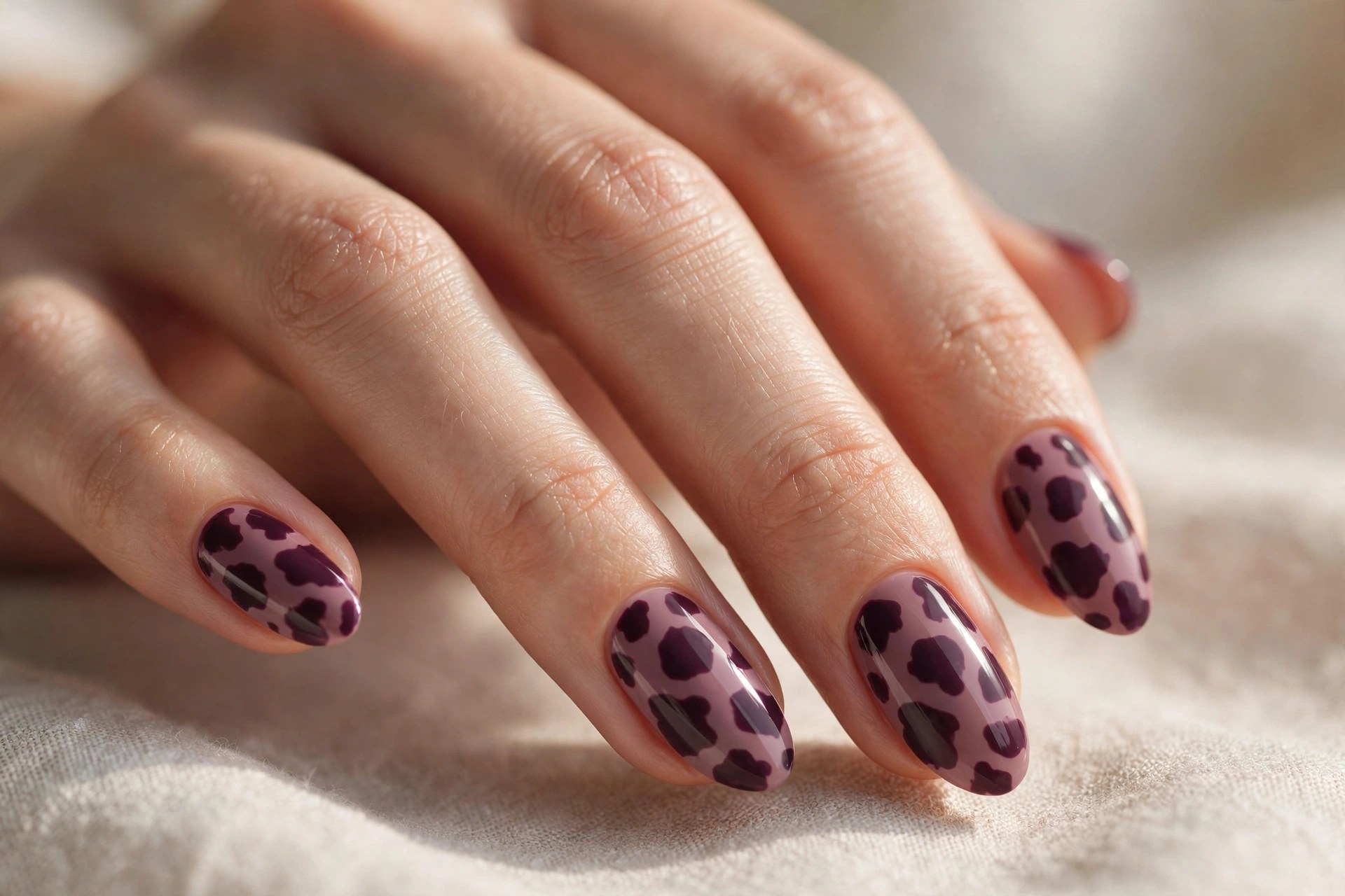 Mauve nails with deep plum cow print spots