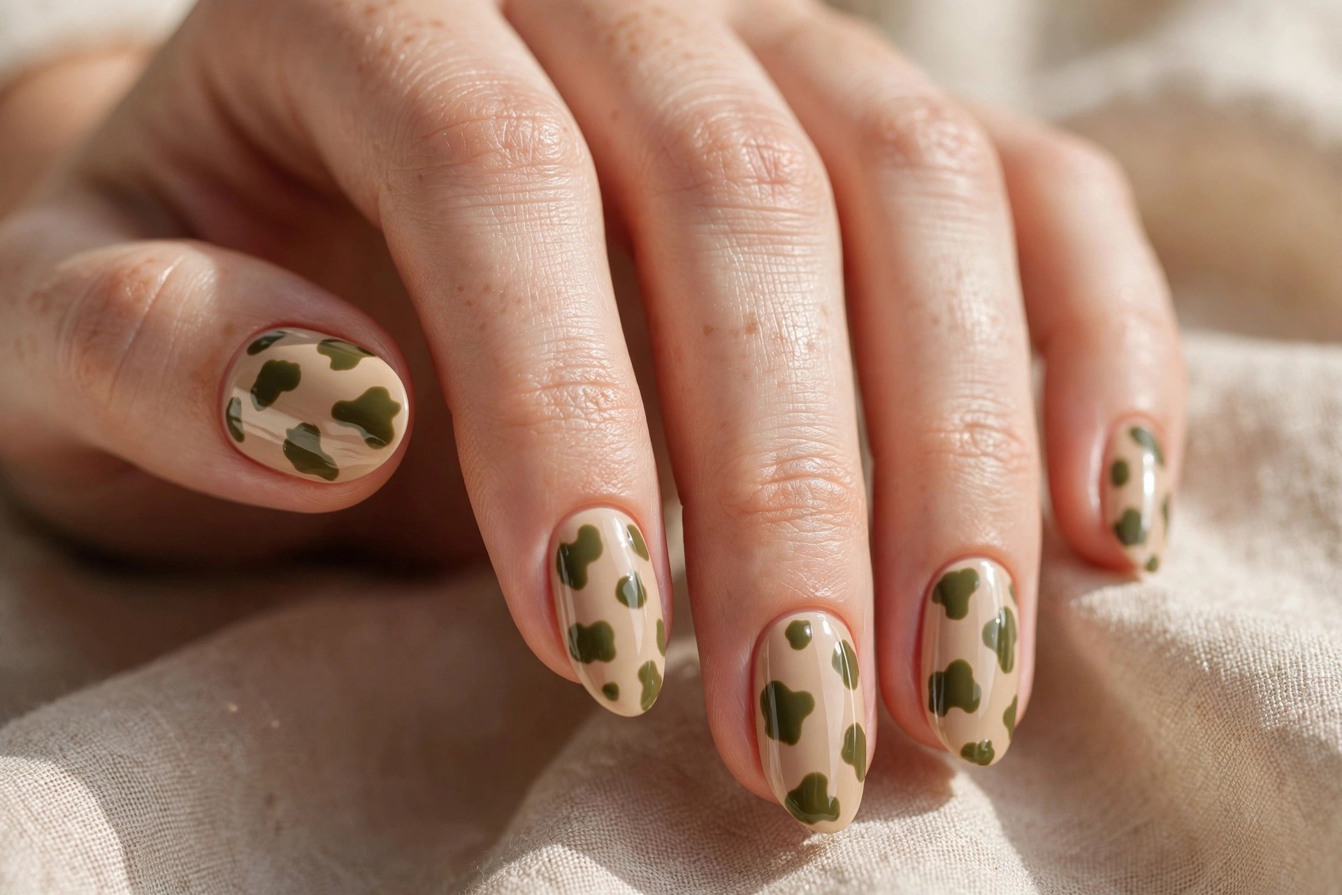 Beige nails with olive green cow print spots