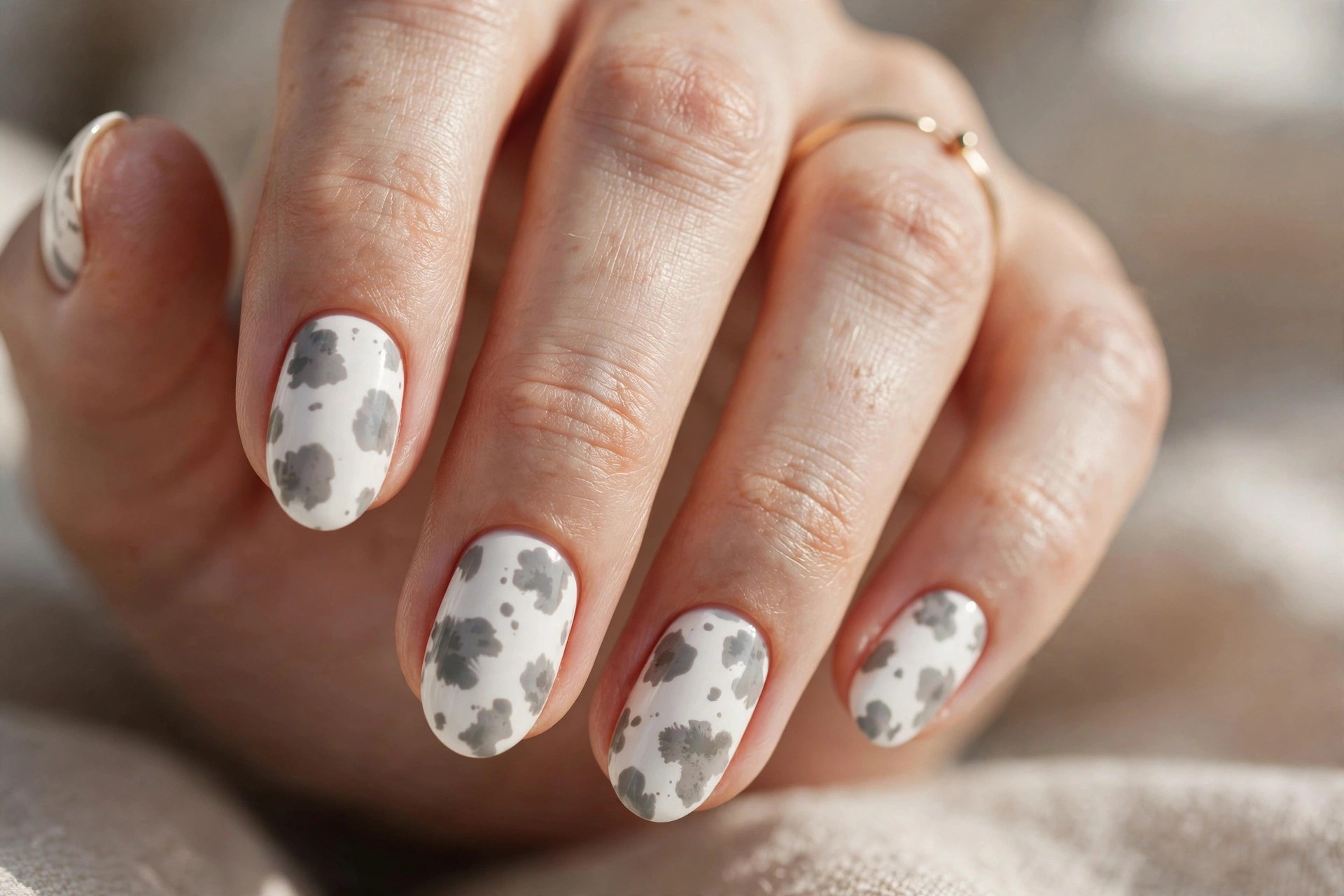 White nails with soft gray cow print spots